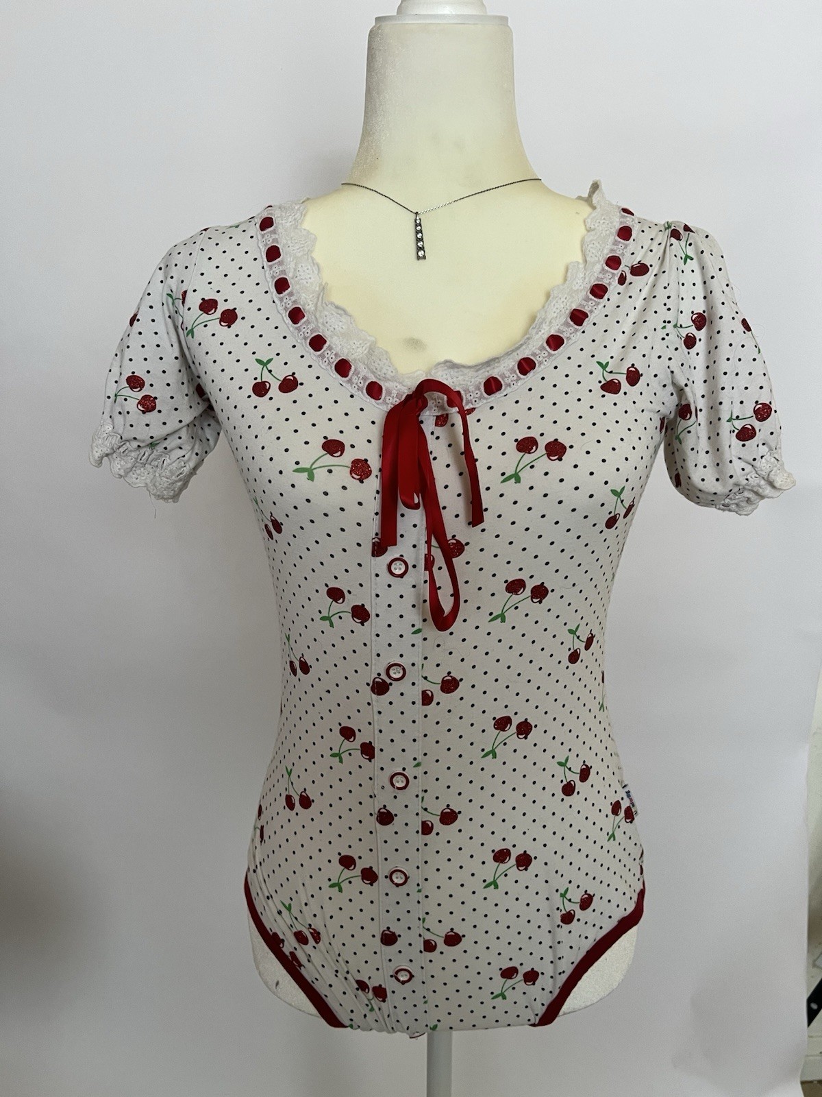 ( ADULT WOMANS )size S White Polka Dot Cherry Bodysuit Short Sleeve with Bow