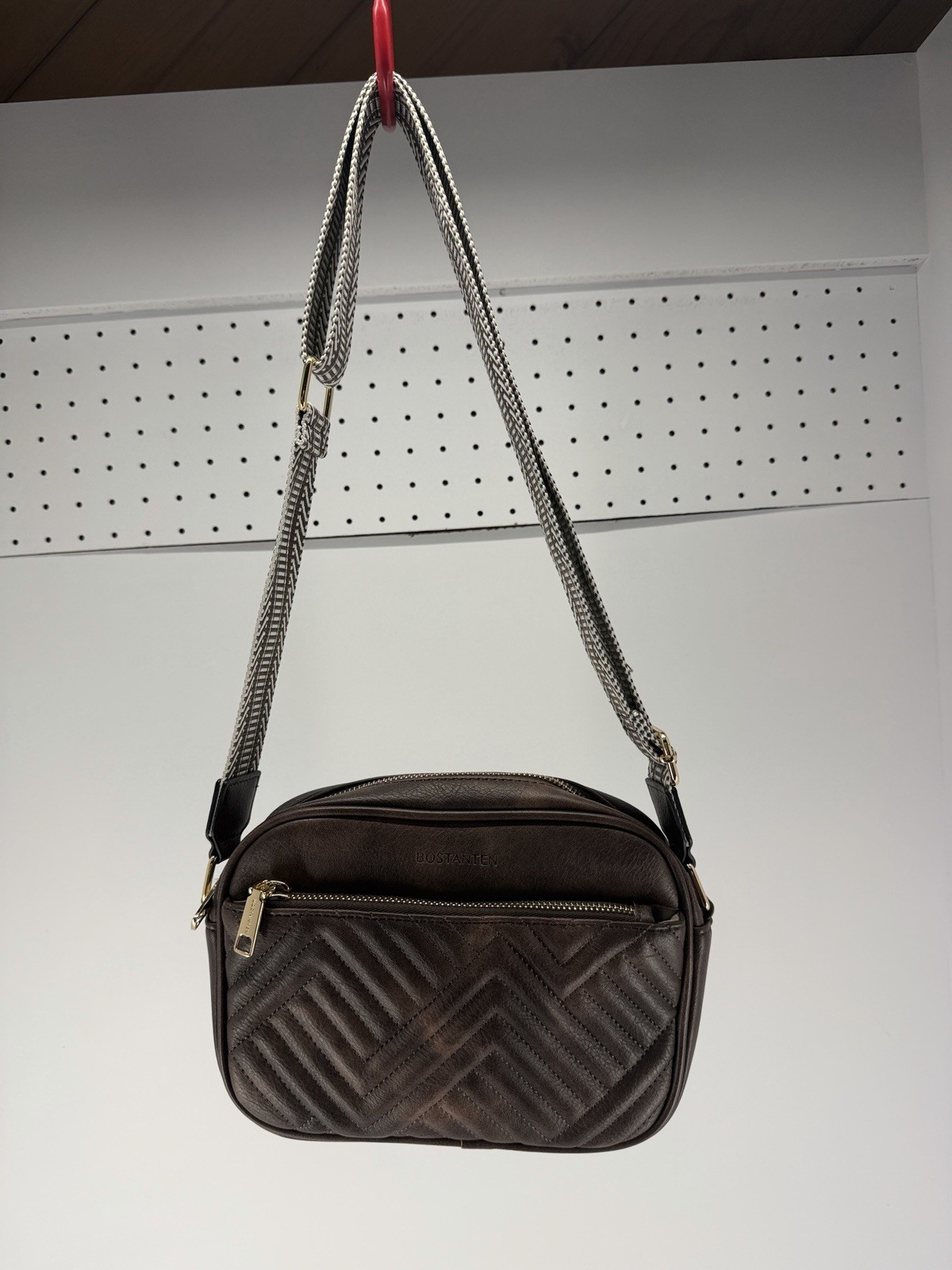 Bostanten Nola Brown Chevron Quilted Crossbody Bag W/Striped Guitar Style Strap