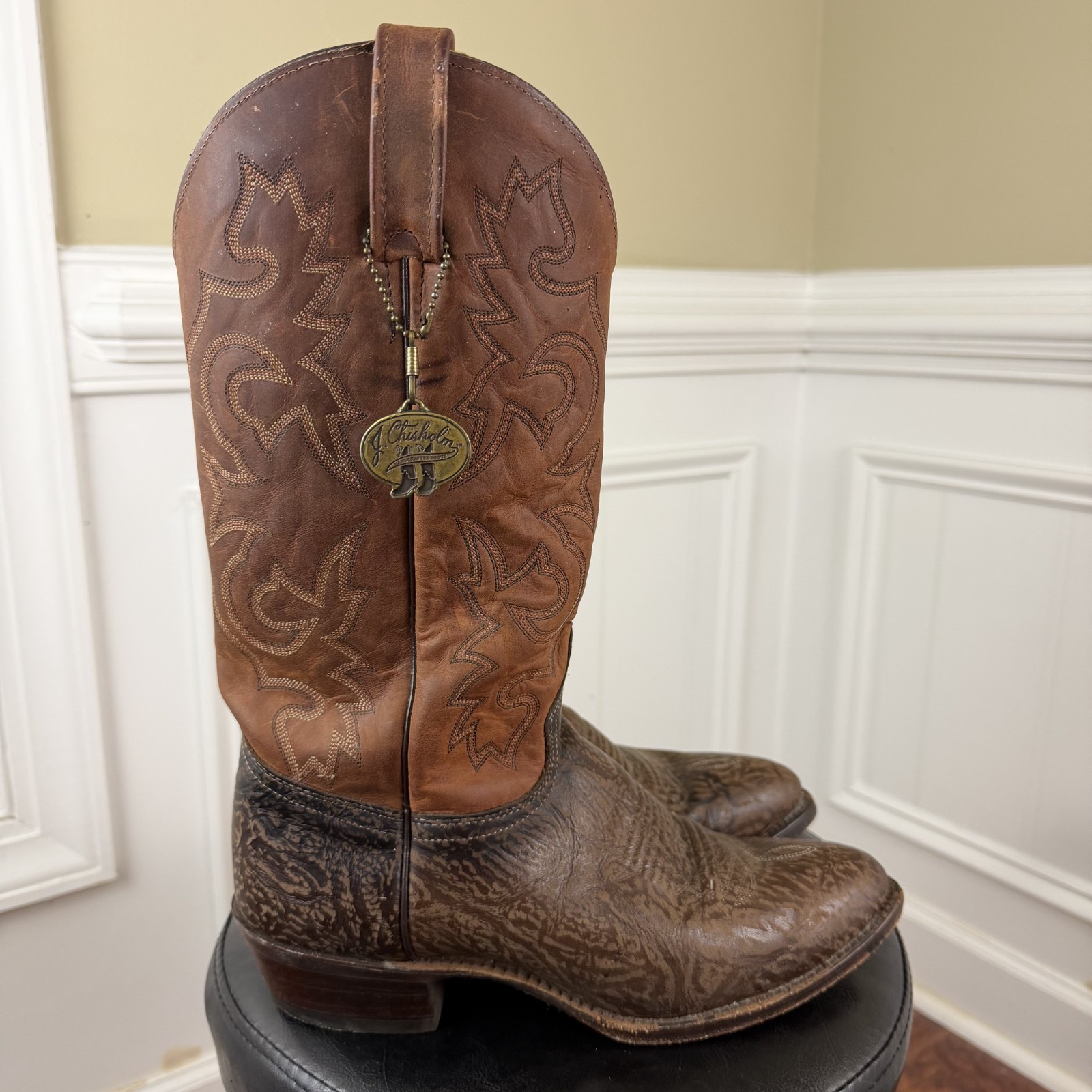 VINTAGE J Chisholm Boots Mens 9.5 D Brown Leather Embossed Western Cowboy