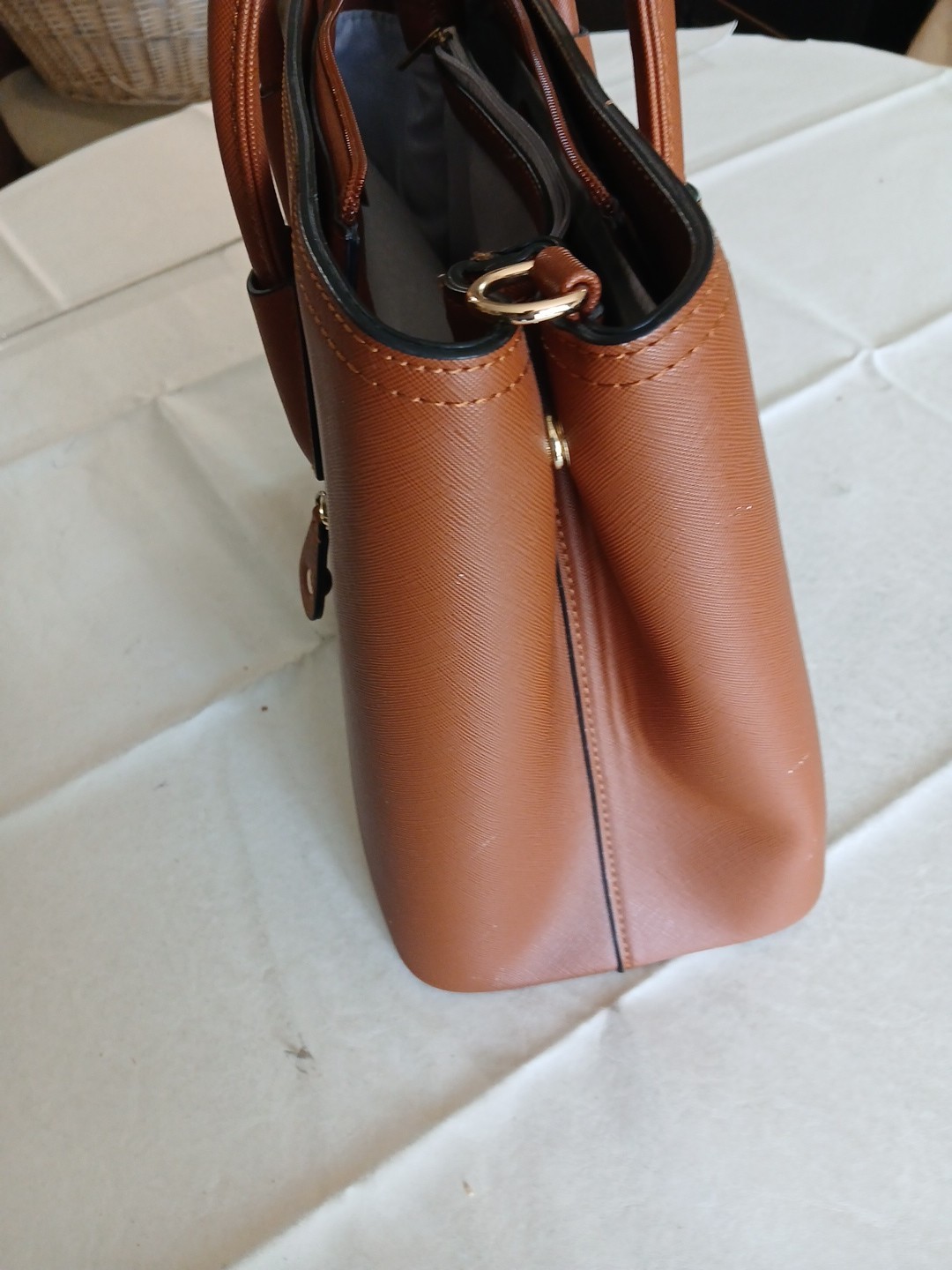 saffiano satchel gold tone hardware adjustable strap double handles brown