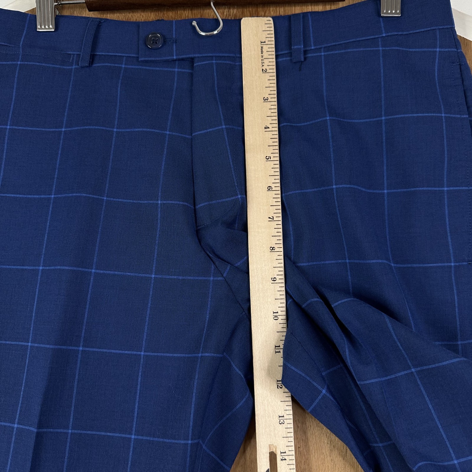 Bachrach Suit Mens 40L Navy Blue Windowpane Polyester Blend Pants 32×32 Flat