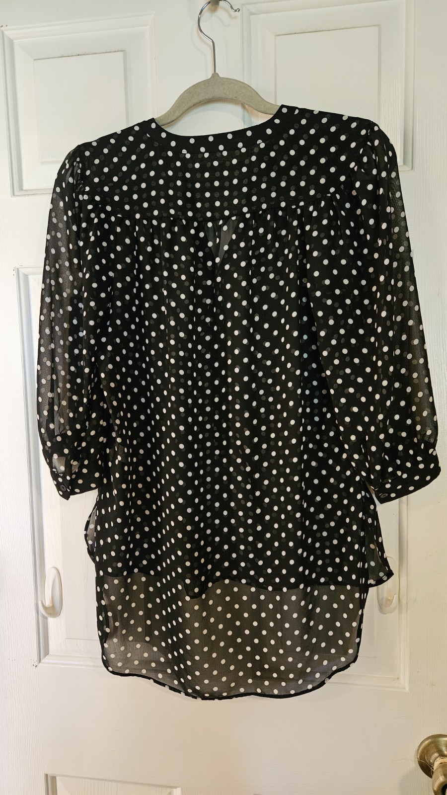 LC Lauren Conrad Black/White Polka Dot V-Neck Sheer Chiffon Button Blouse S