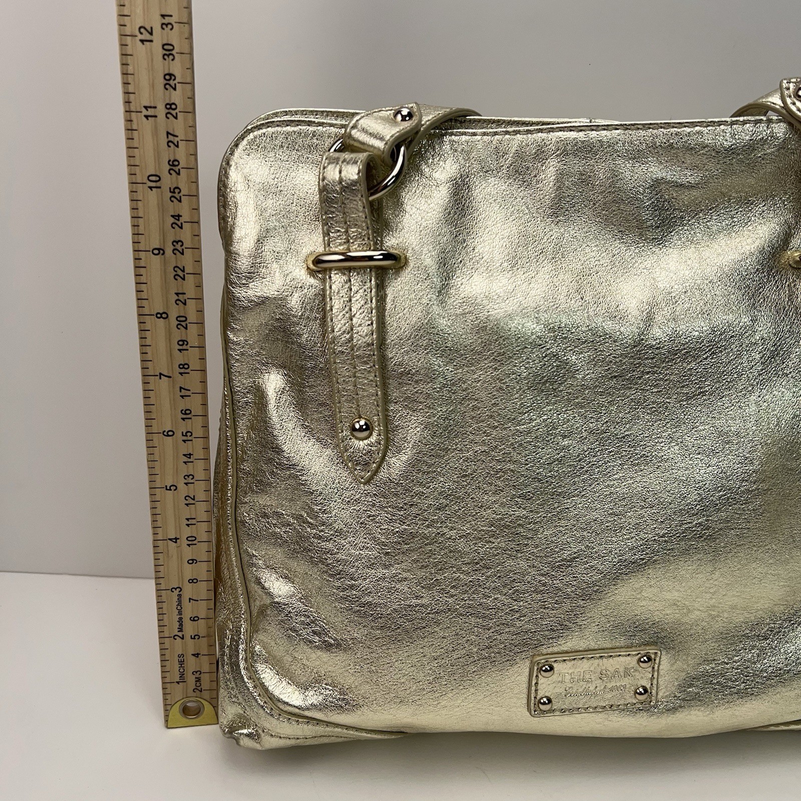 THE SAK Metallic Gold Leather Shoulder Purse Dividers Studded Hobo Handbag Bling