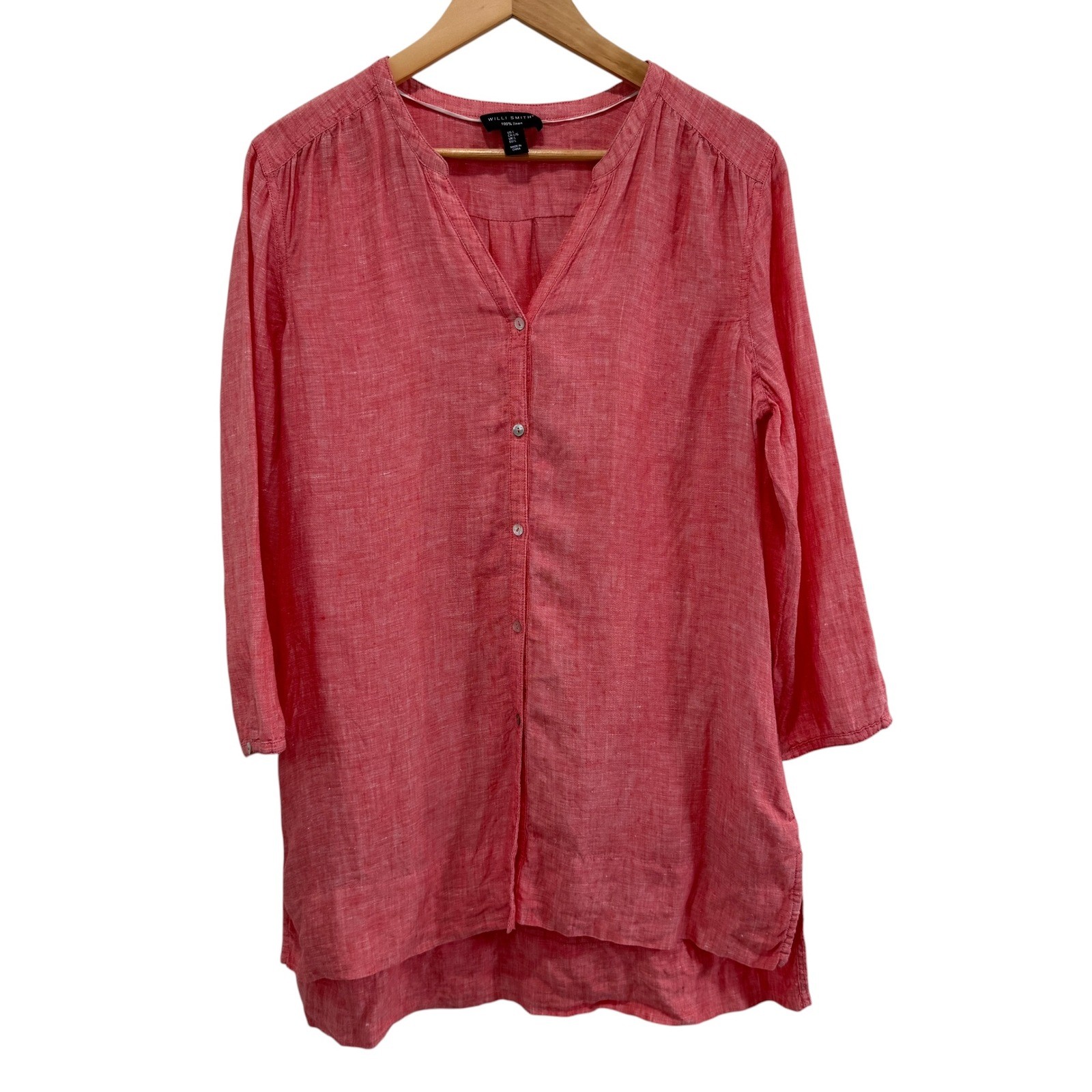 Willi Smith 100% Linen Button Up Tunic Top L Pockets Pink V-Neck Beachy Resort