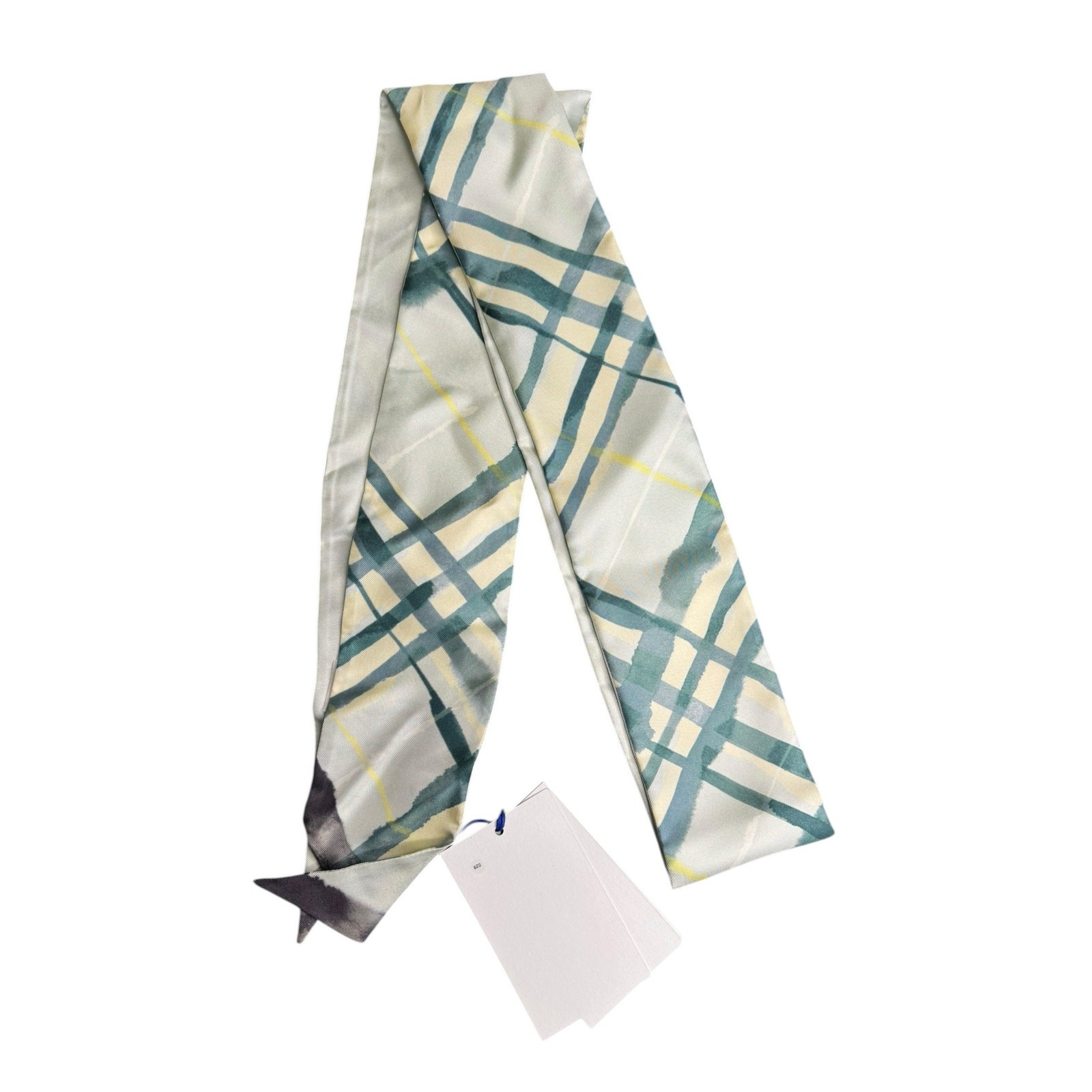 Burberry NWT Skinny Watercolor Check Silk Scarf in Light Green