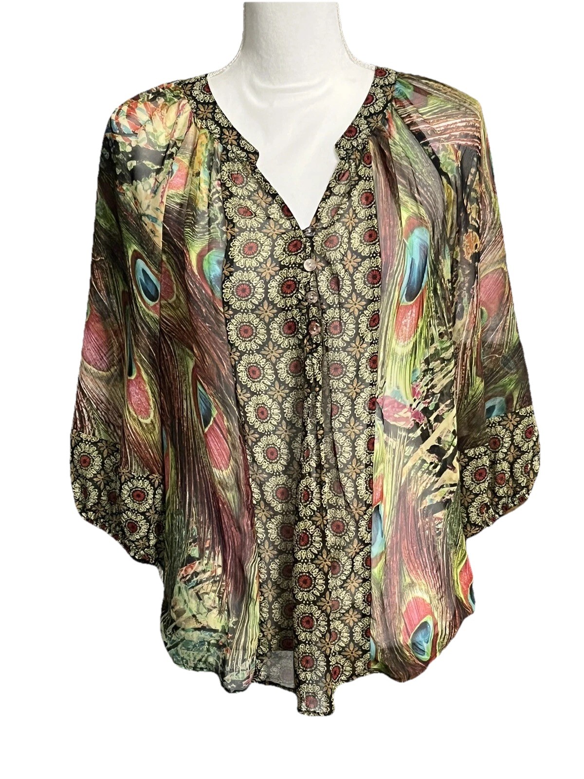Figueroa & Flower Blue Floral Semi-Sheer Blouse Peasant Top Tunic Small Casual
