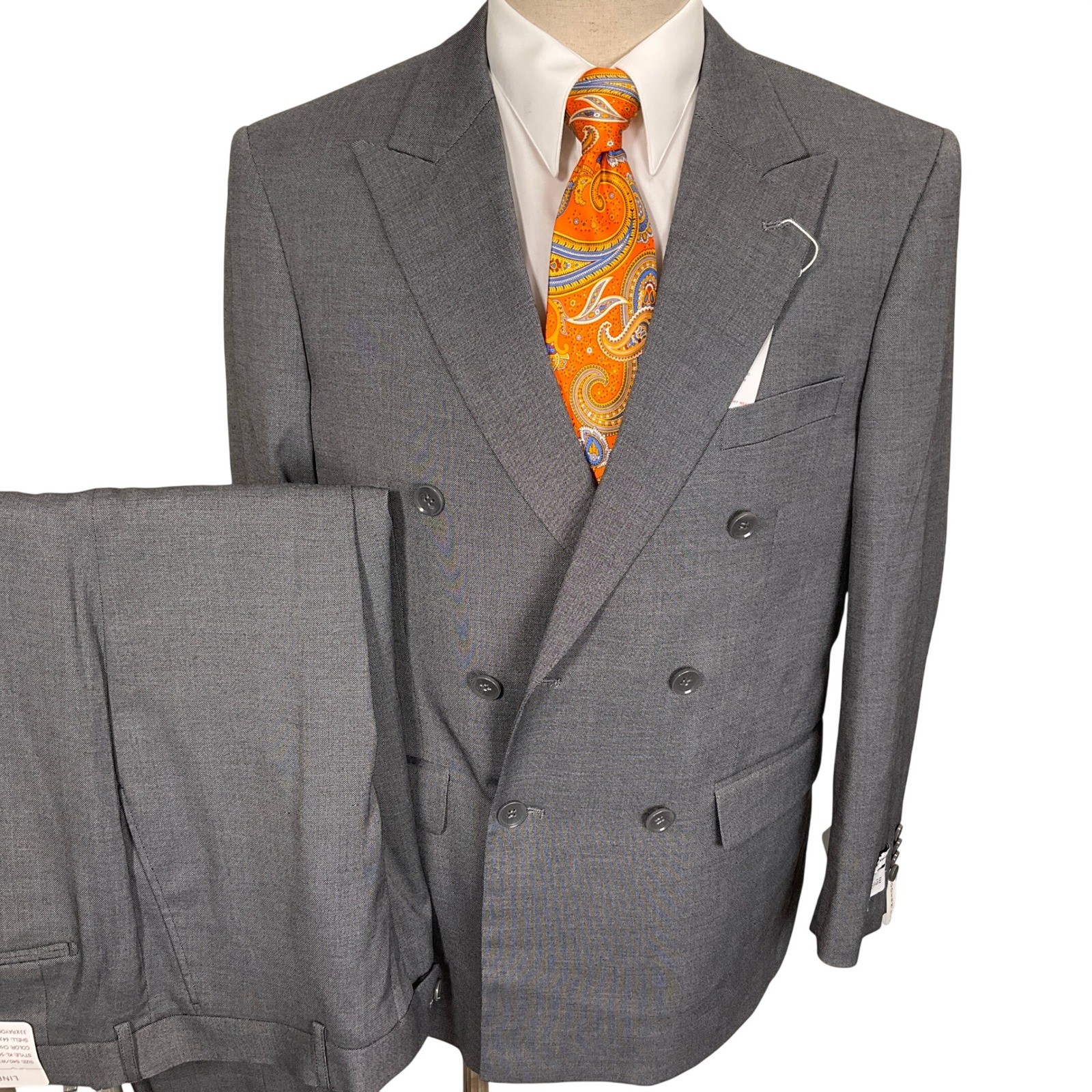 Lineage Suit Mens 40S 34W Charcoal Andrew Double Breasted Modern Fit Unhemmed