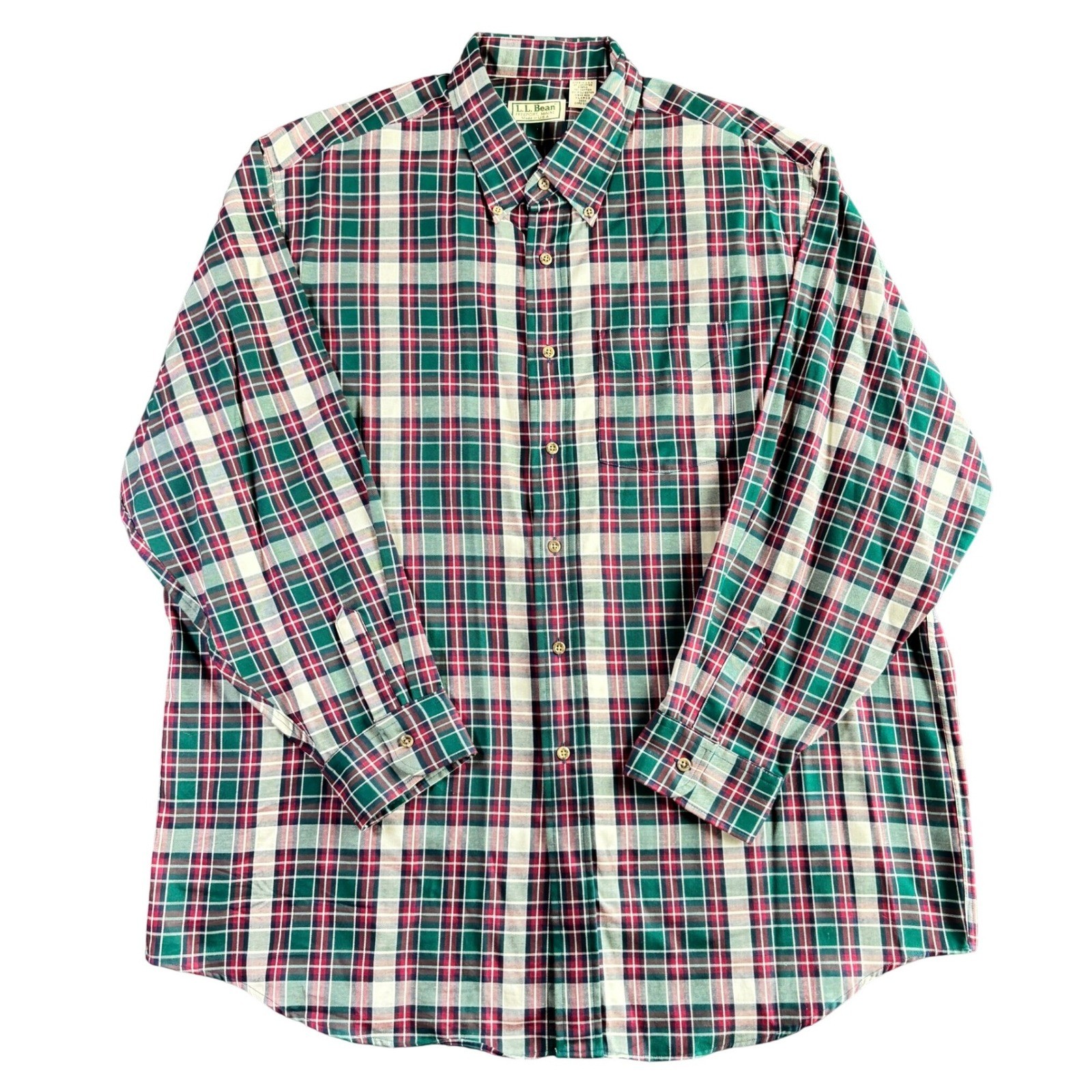 LL Bean Mens XL Plaid Button Down Shirt Green Burgundy Made in USA Vintage G200