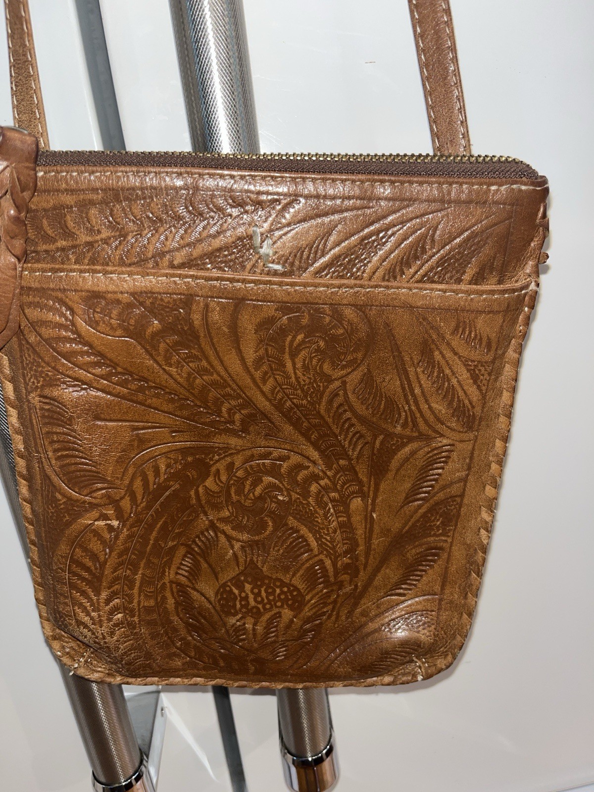 Leaders…Leather Tooled Brown Crossbody/Handbag… Made in Paraguay