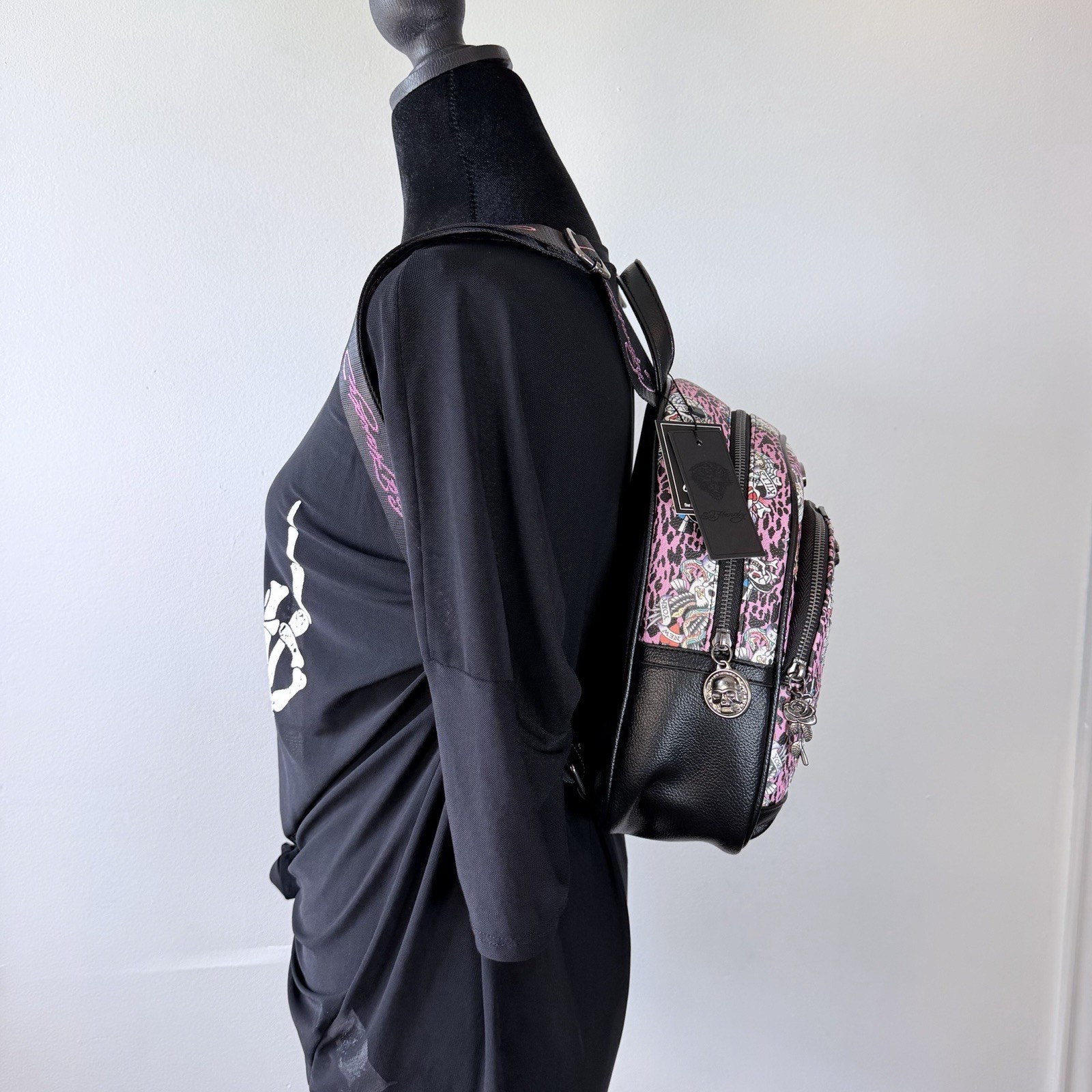 Ed Hardy Adjustable Pink Leopard Print Traditional Skulls Backpack Purse NWT