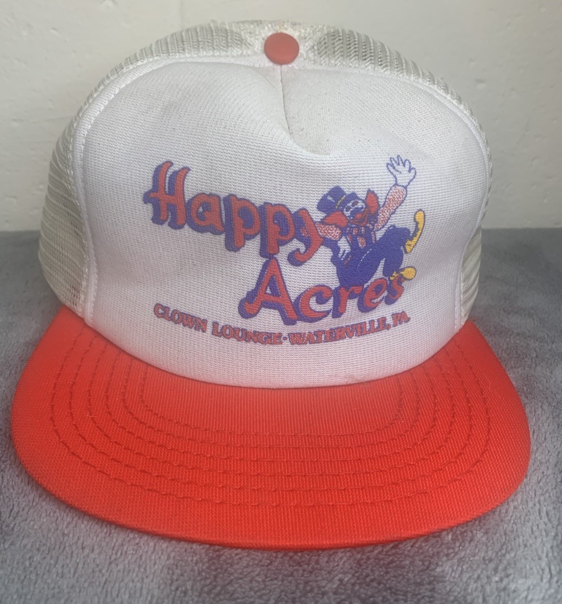 Vintage Clown SnapBack Hat Happy Acres 80’s Trucker Mesh Cap Waterville PA