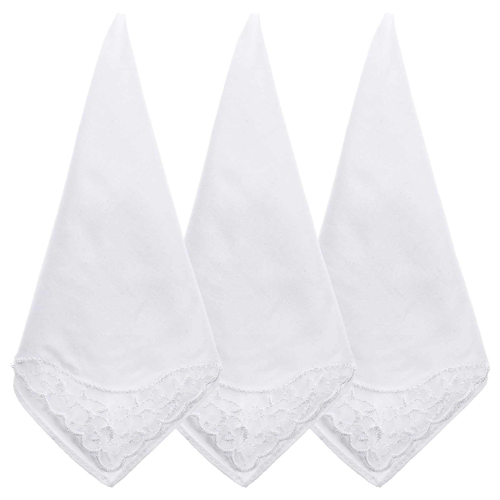 3 Pack Womens White Cotton Handkerchiefs Embroidered Lace Soft Square 11 Inch