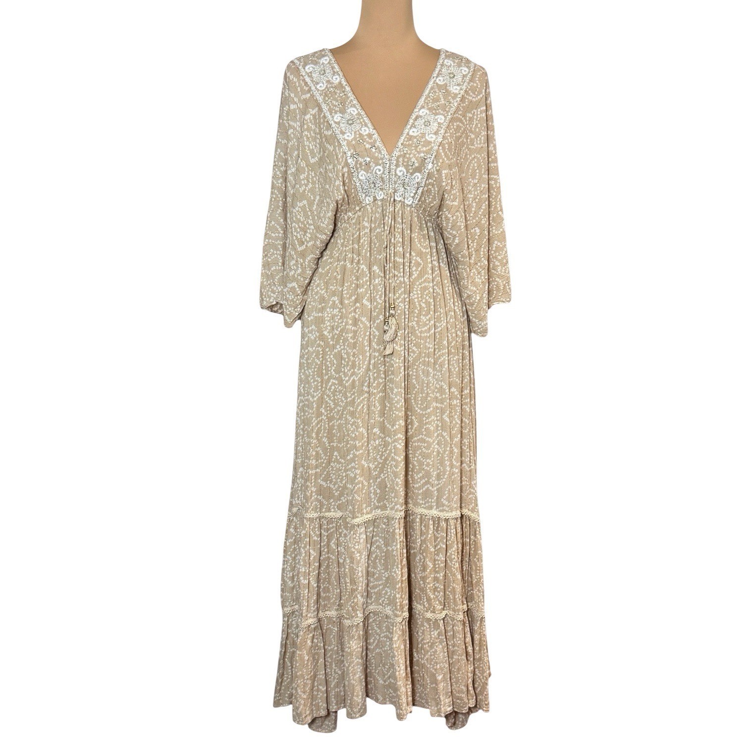 Flowy Boho Embroidered Cotton Tiered Maxi Dress Sz S Kaftan Beach Babydoll
