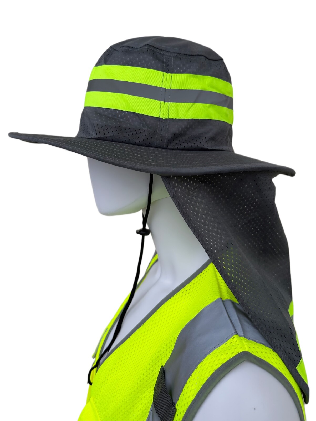 Hi Vis Reflective Work Safety Neck Flap Boonie Hat Grey Bucket Cap