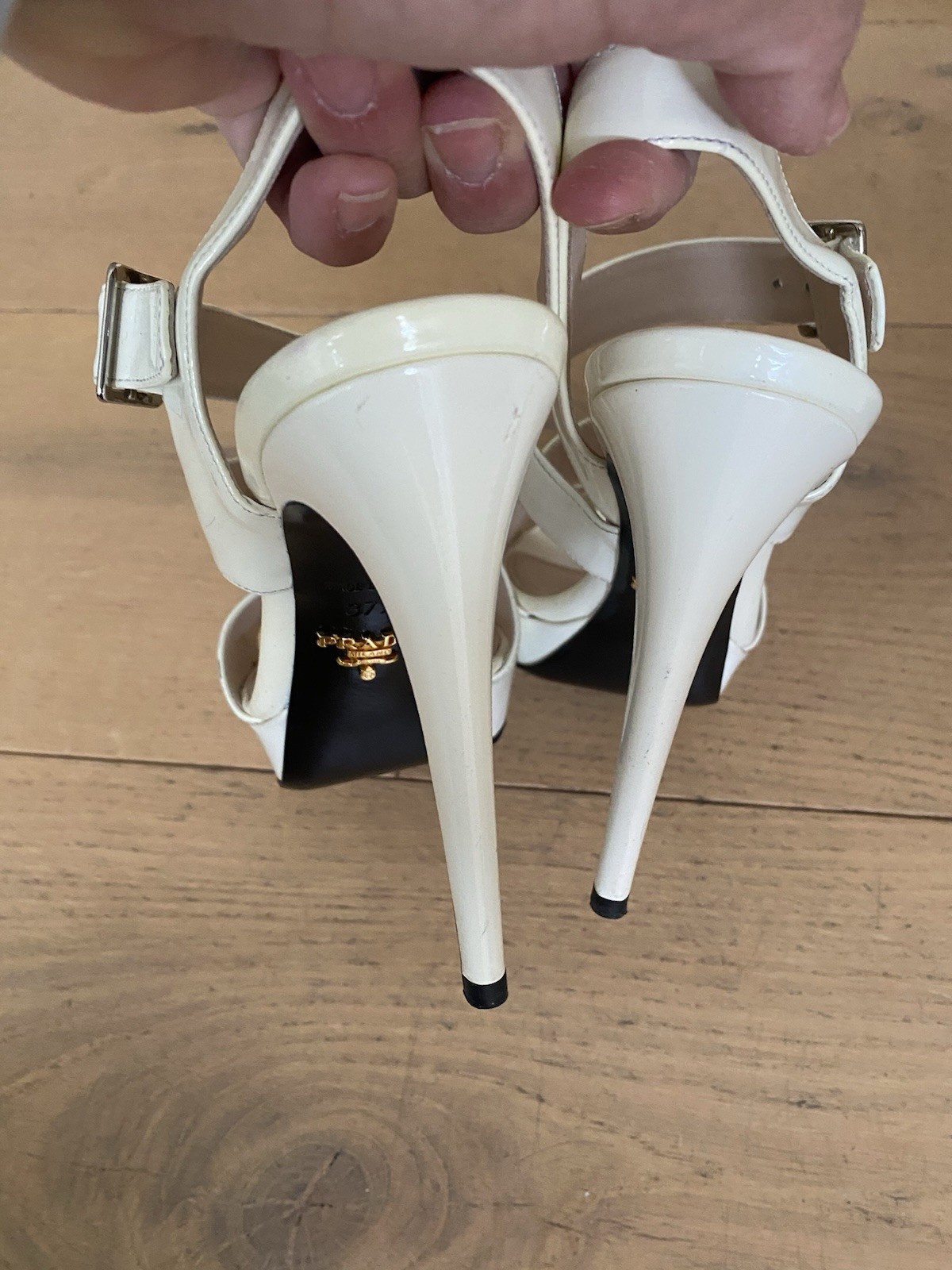 PRADA Leather Stiletto Strappy Sandals Heels 12cm in Bianco/cream 37.5 Aus 6.5