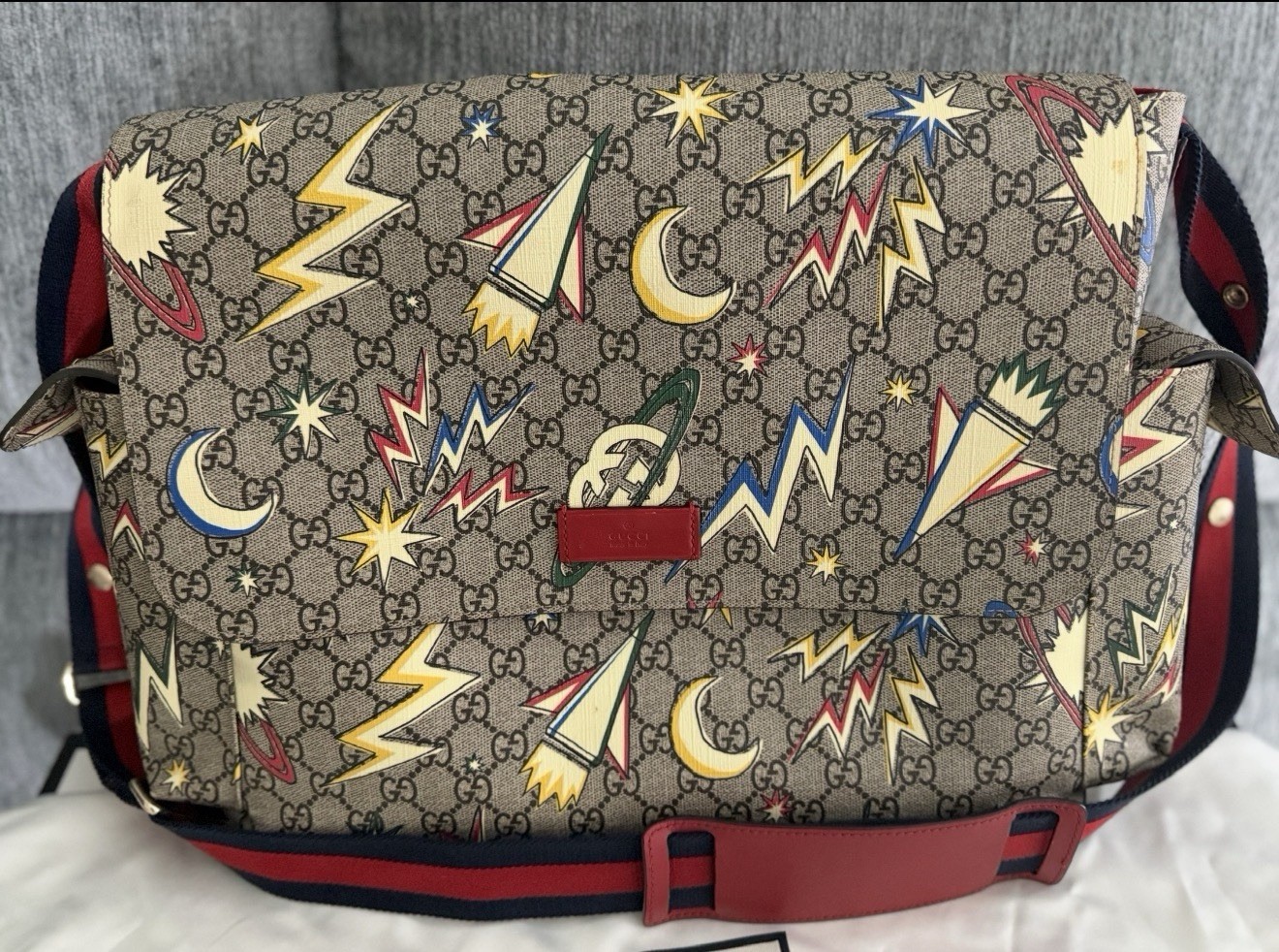 Gucci GG Supreme Rocket Print Messenger Bag Beige/Multicolor, Adj Strap, Dust