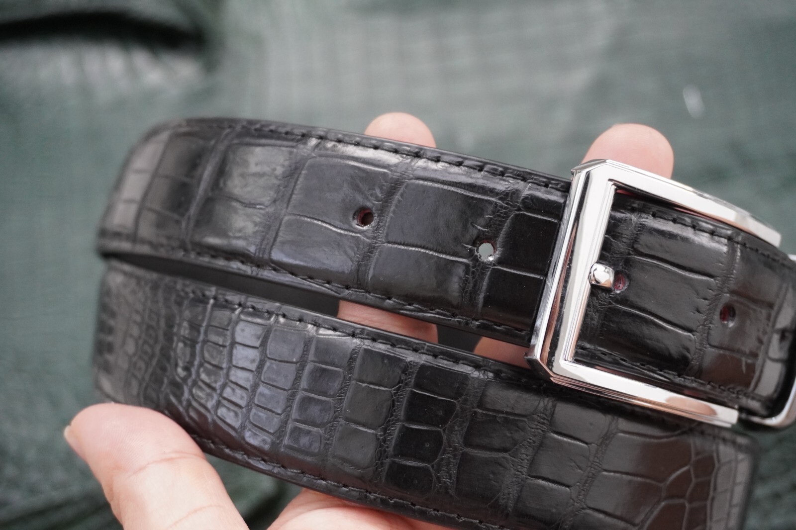 W1.3 inch Black Genuine Crocodile Belly Leather Skin Men’s Belt Pin Buckle #J02