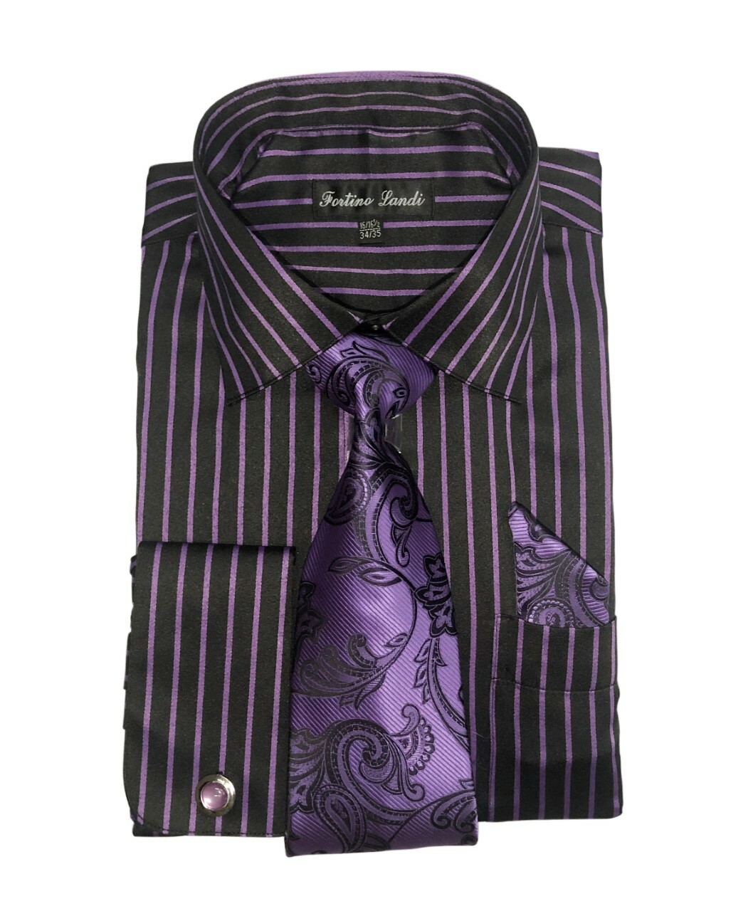 Men’s Striped Dress Shirt with Tie + Handkerchief, French Cuff Links New