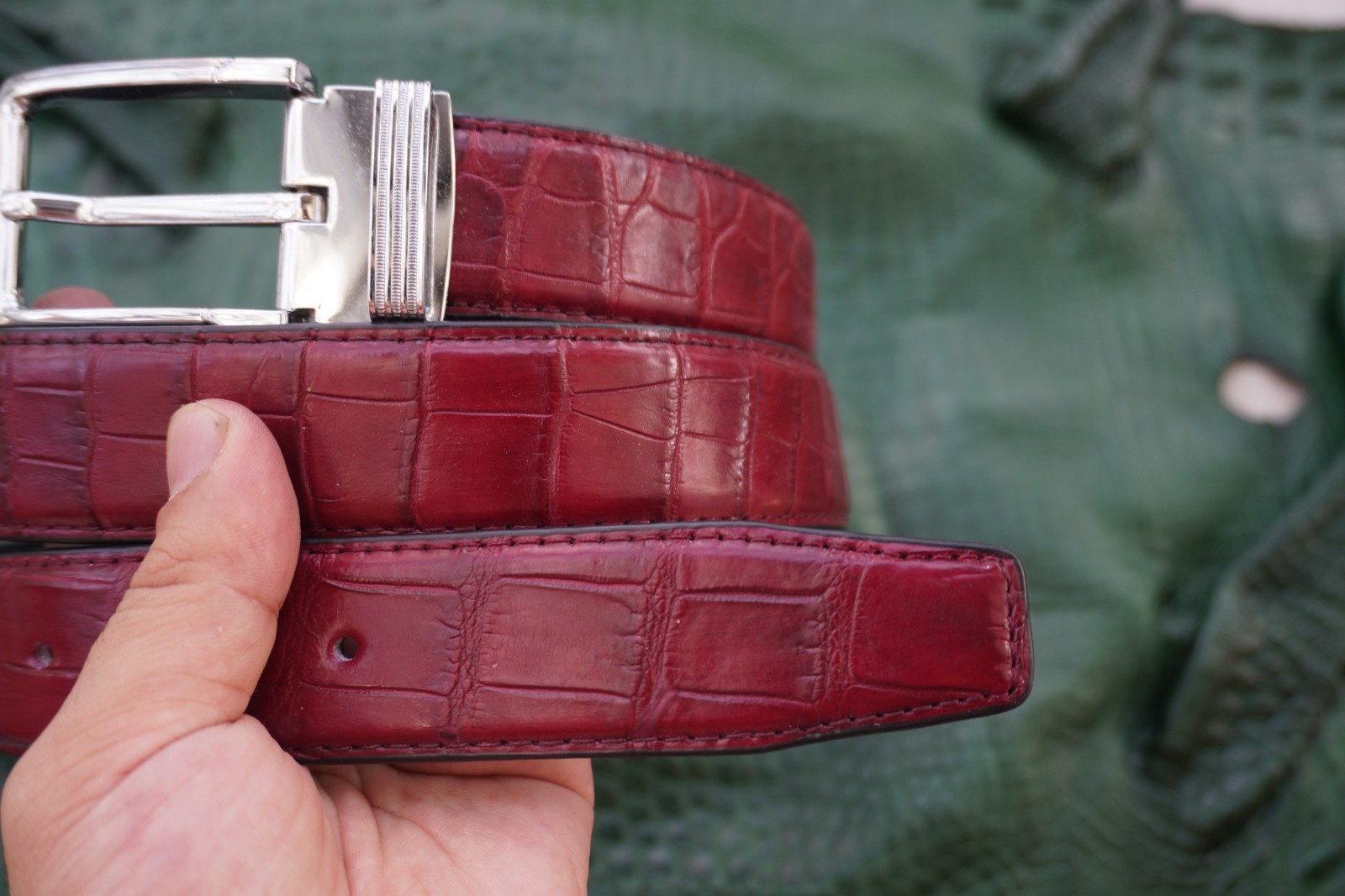 W 1.3 inch- Burgundy Genuine CROCODILE Belly LEATHER Skin Men’s Belt #F28