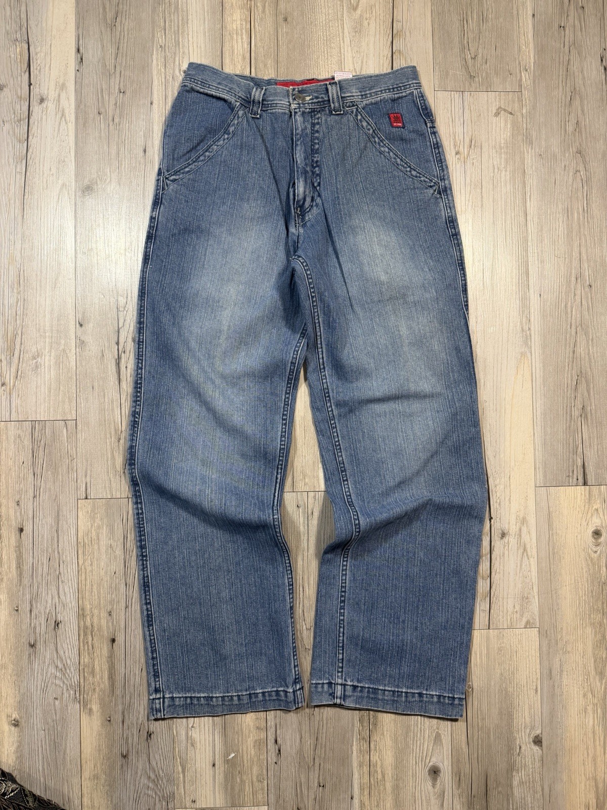 JNCO Men’s Blue Wide-Leg Denim Jeans Relaxed Fit Embroidered Skull Pocket