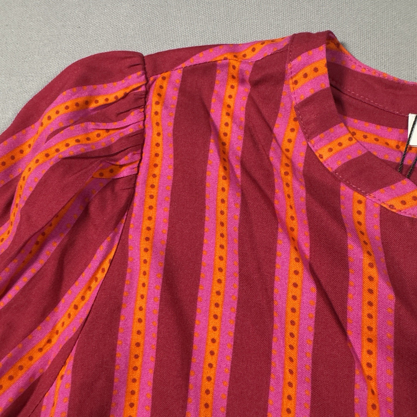 Sugar Lips Striped Blouse Womens Medium Pink Orange Puff Sleeve Rayon NWT