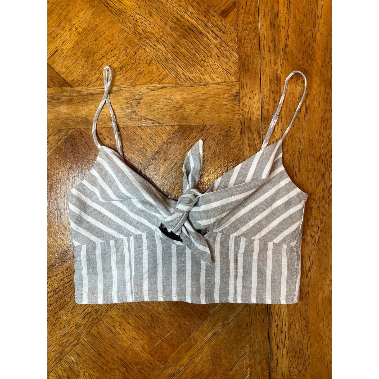 Blue Life Mila Tie Front Top Grey White Stripe Linen Cotton XS