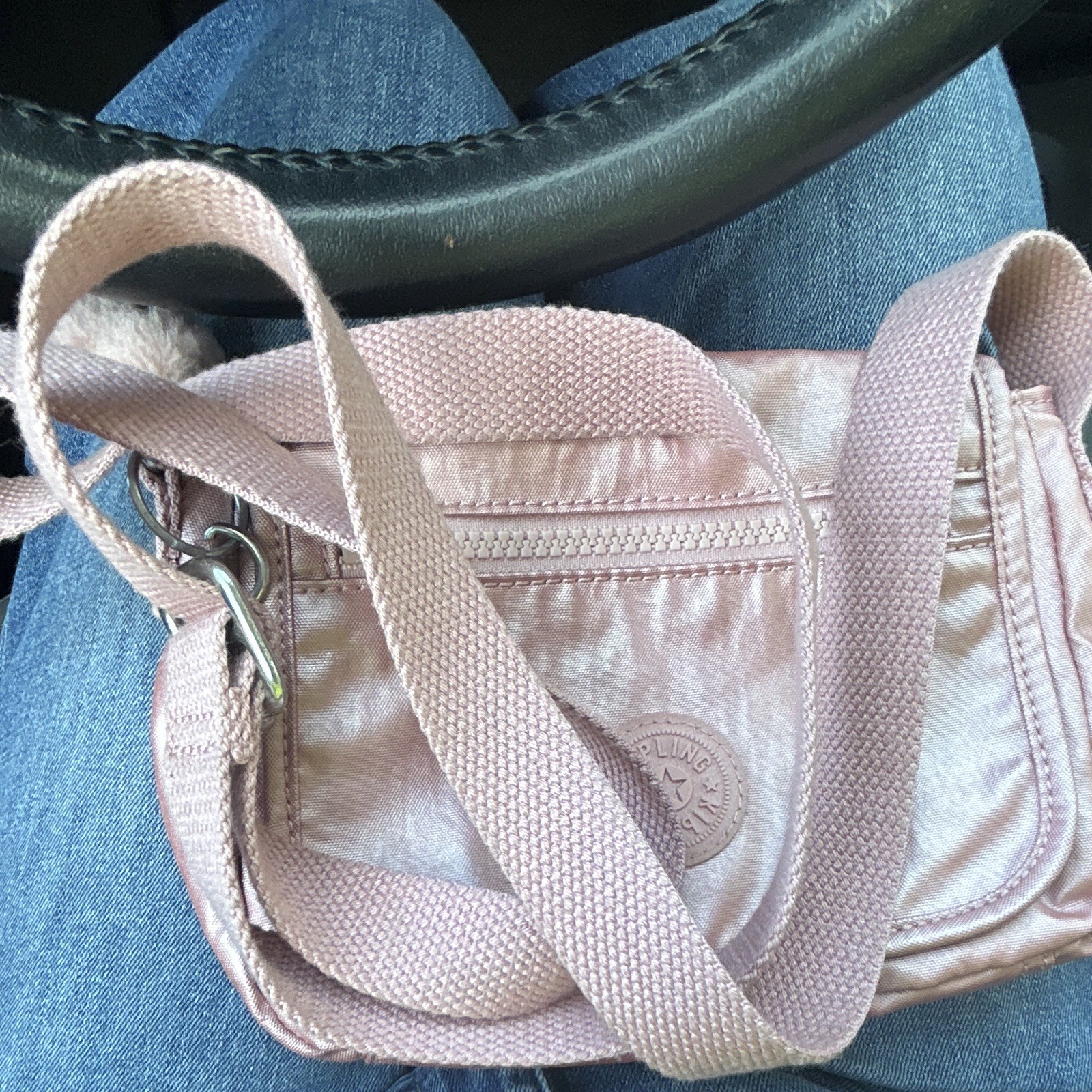 Kipling Pink Metallic Crossbody Bag Silver Hardware Zip Closure Monkey Keychain