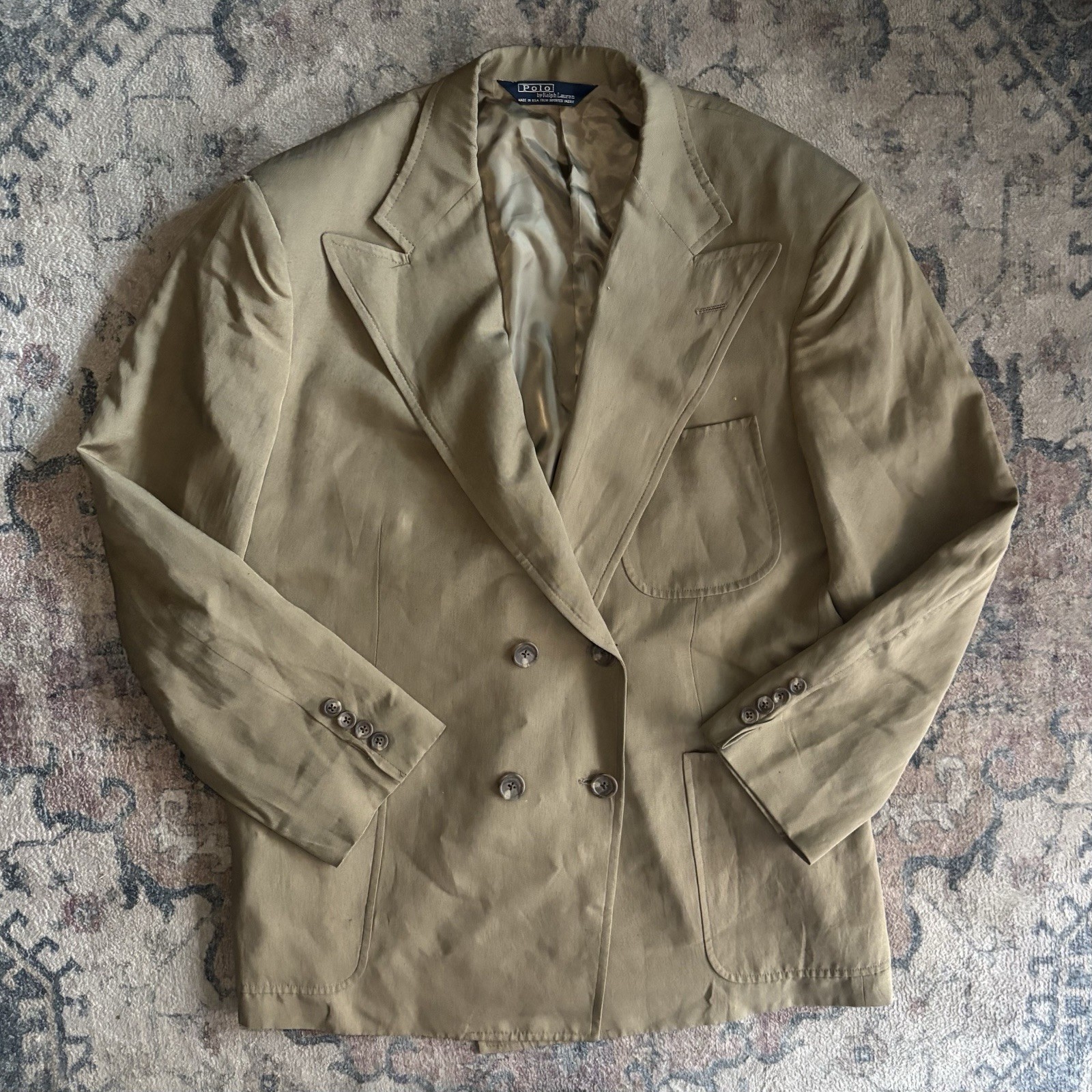 Vintage 90’s Made In USA Double Breasted Polo Ralph Lauren Beige Blazer Size 42R