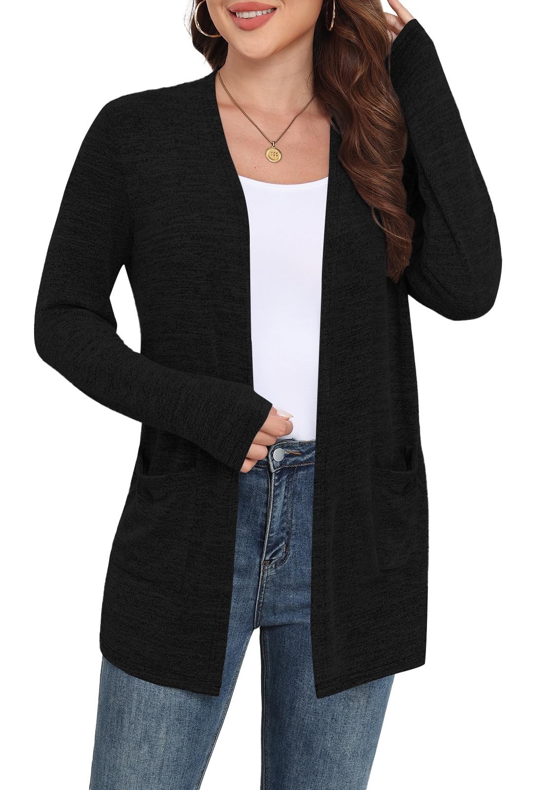 Lightweight Long Sleeve Open Front Cardigan with Pockets – Black L