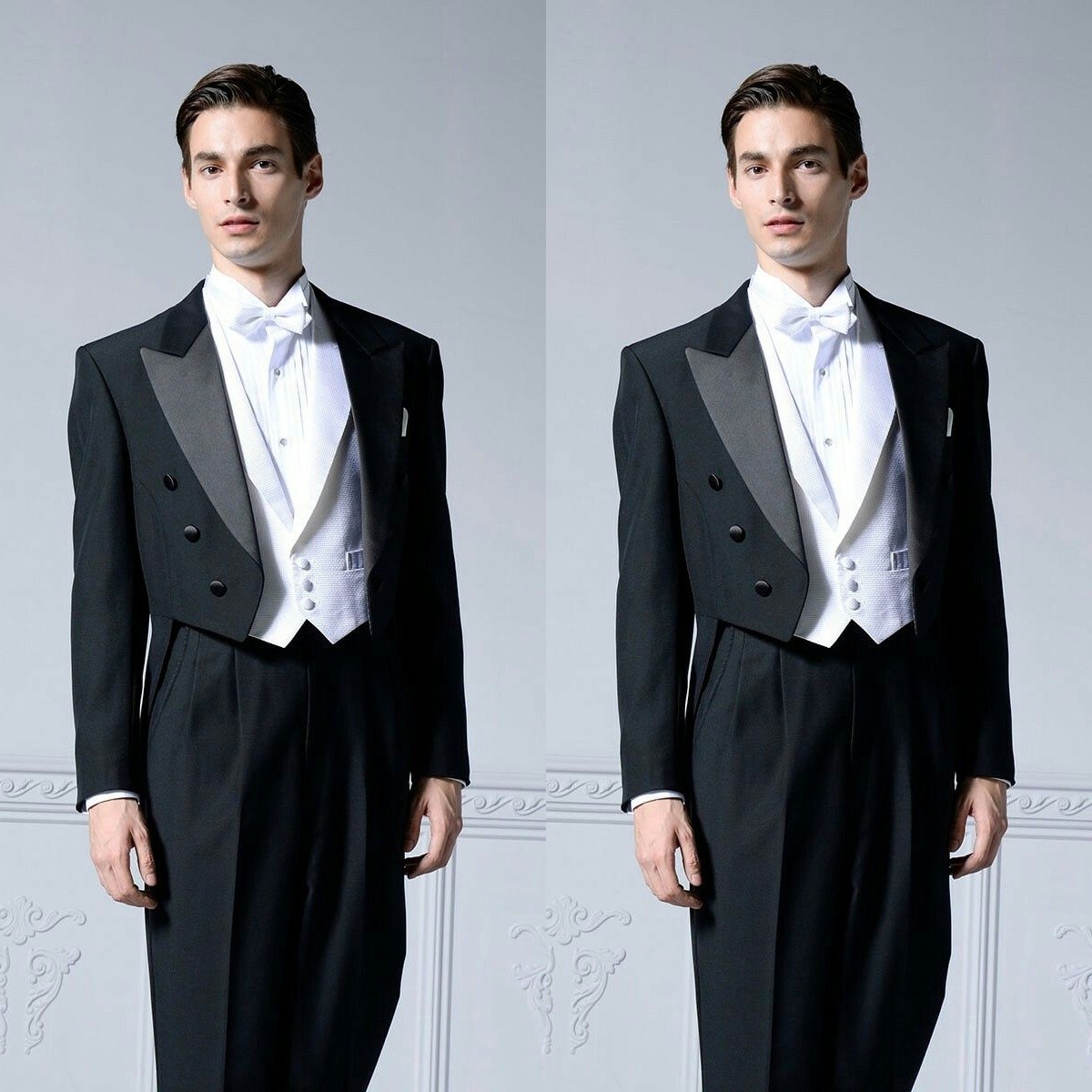 3Pcs Men’s Suits Black Formal Dinner Party Tailcoat Wide Peak Lapel Long Jacket
