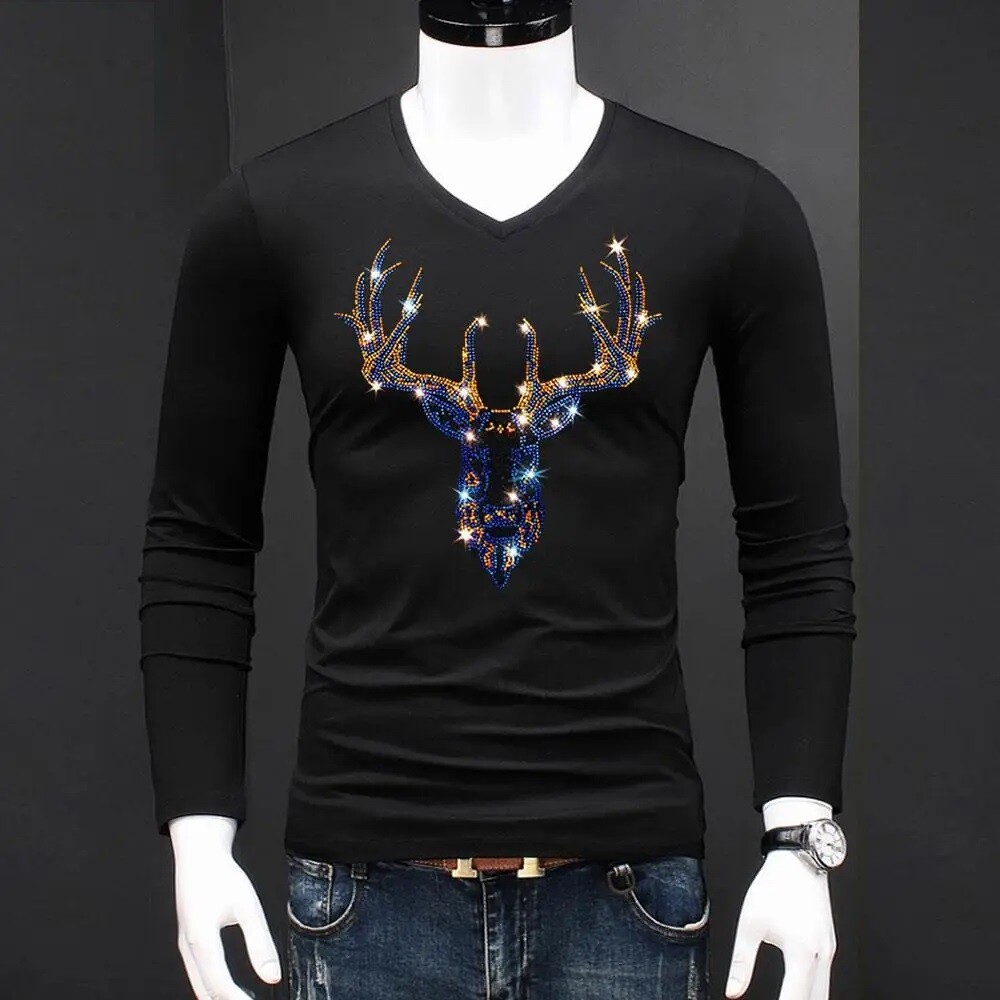 Fashion Trend Deer Rhinestones Streetwear Long Sleeve Luxury Men V-Neck T-Shirt