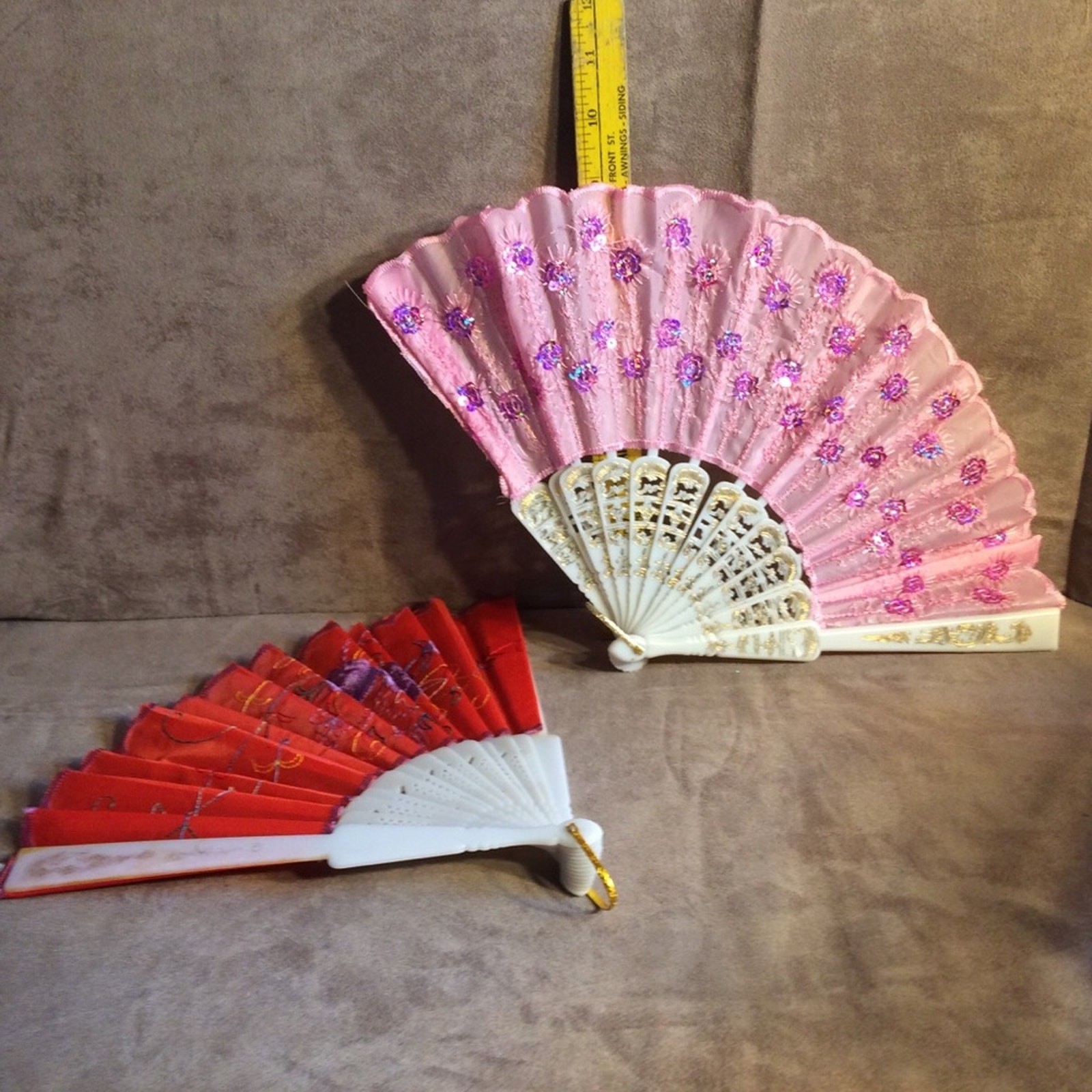 Vintage Small Folding Fan Lot Pink & Red Floral Fabric & Plastic