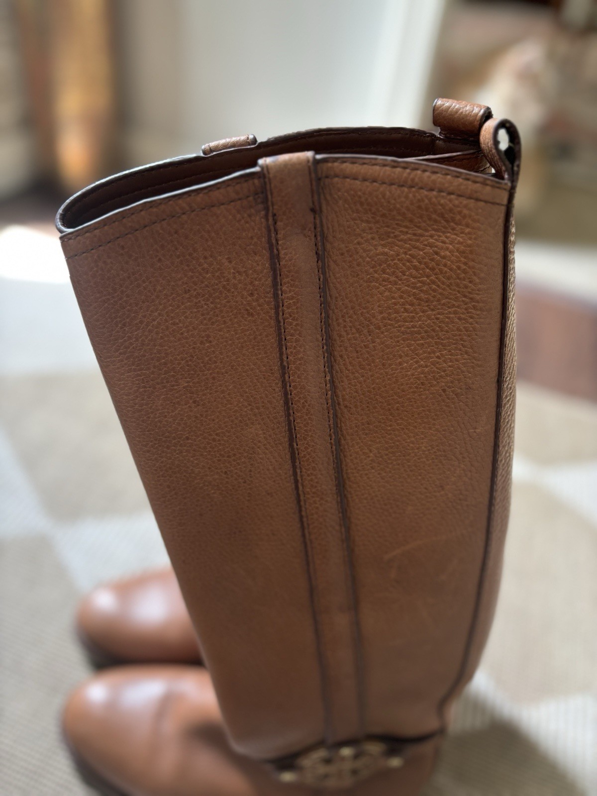 Tory Burch Amanda Brown Leather Knee High Riding Boots Zip Logo Womens 7.5M