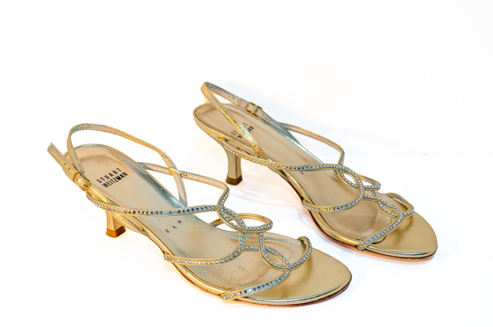 Stuart Weitzman Gold Metallic Rhinestone Slingback Sandals Women’s 8.5 M Spain