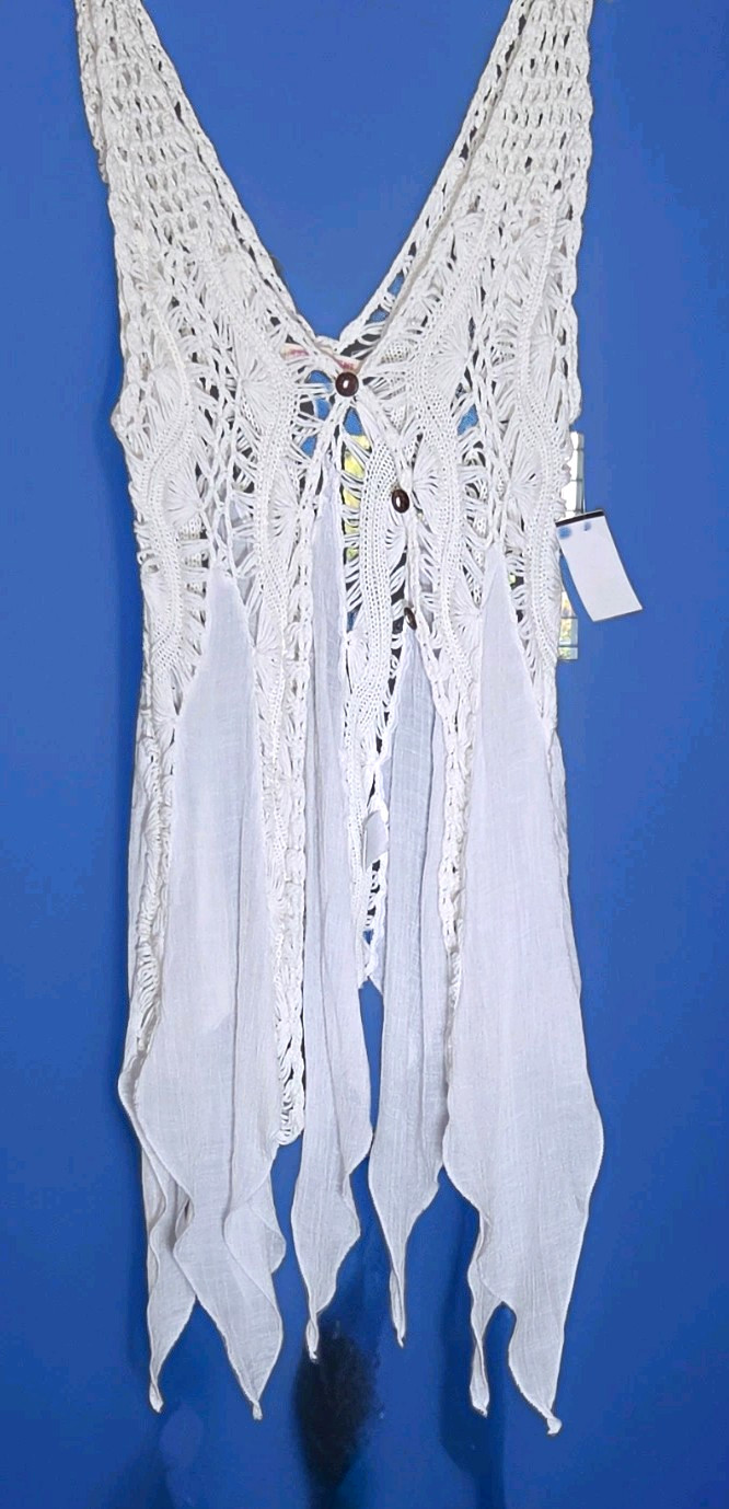 Women’s White Cotton Crochet Fringe Sleeveless Pullover Vest M Boho Hippie
