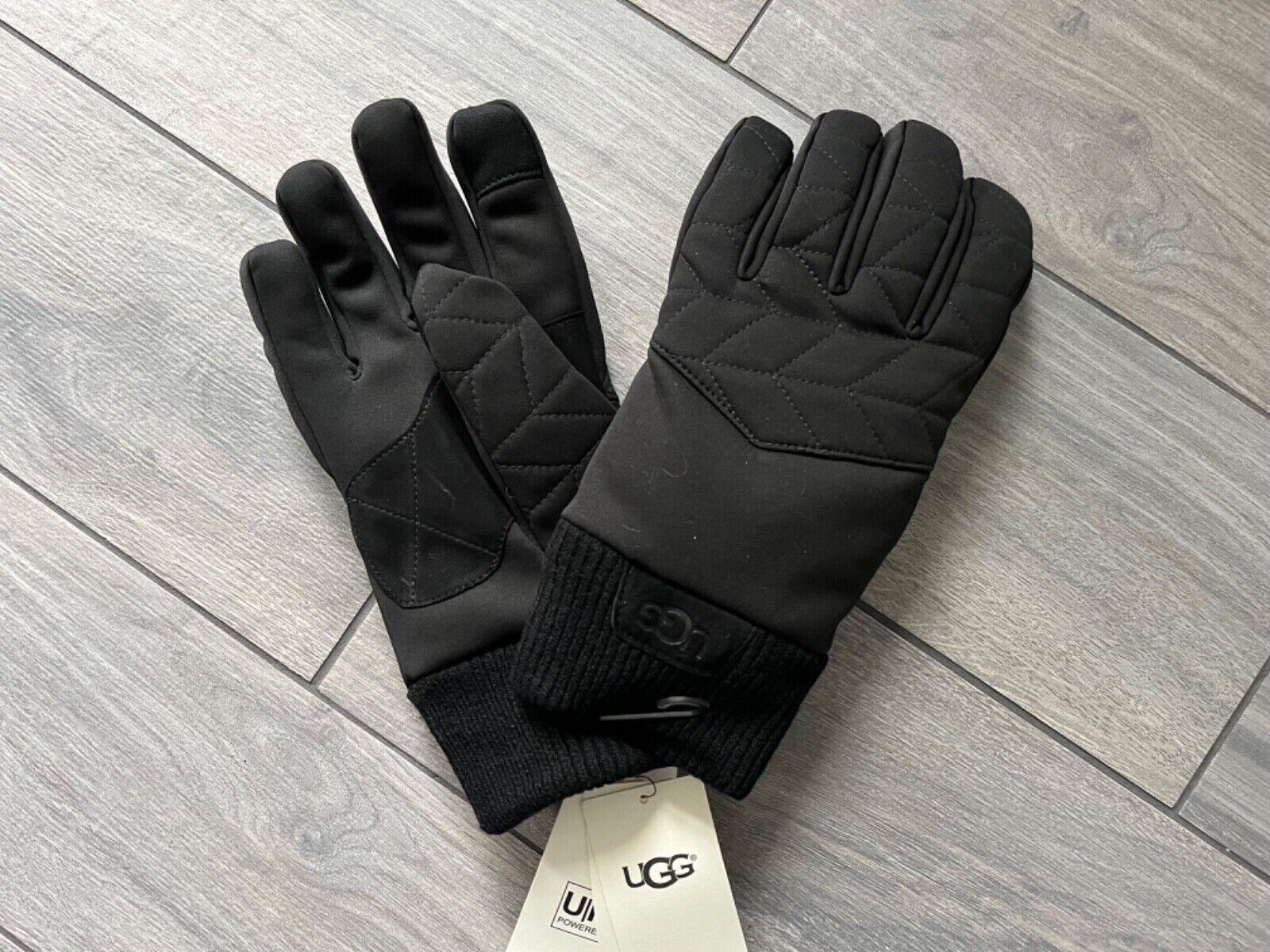 UGG MENS LEATHER TRIM QUILTED GLOVES, BLACK, WATER RESISTANT, TECH, NWT $95