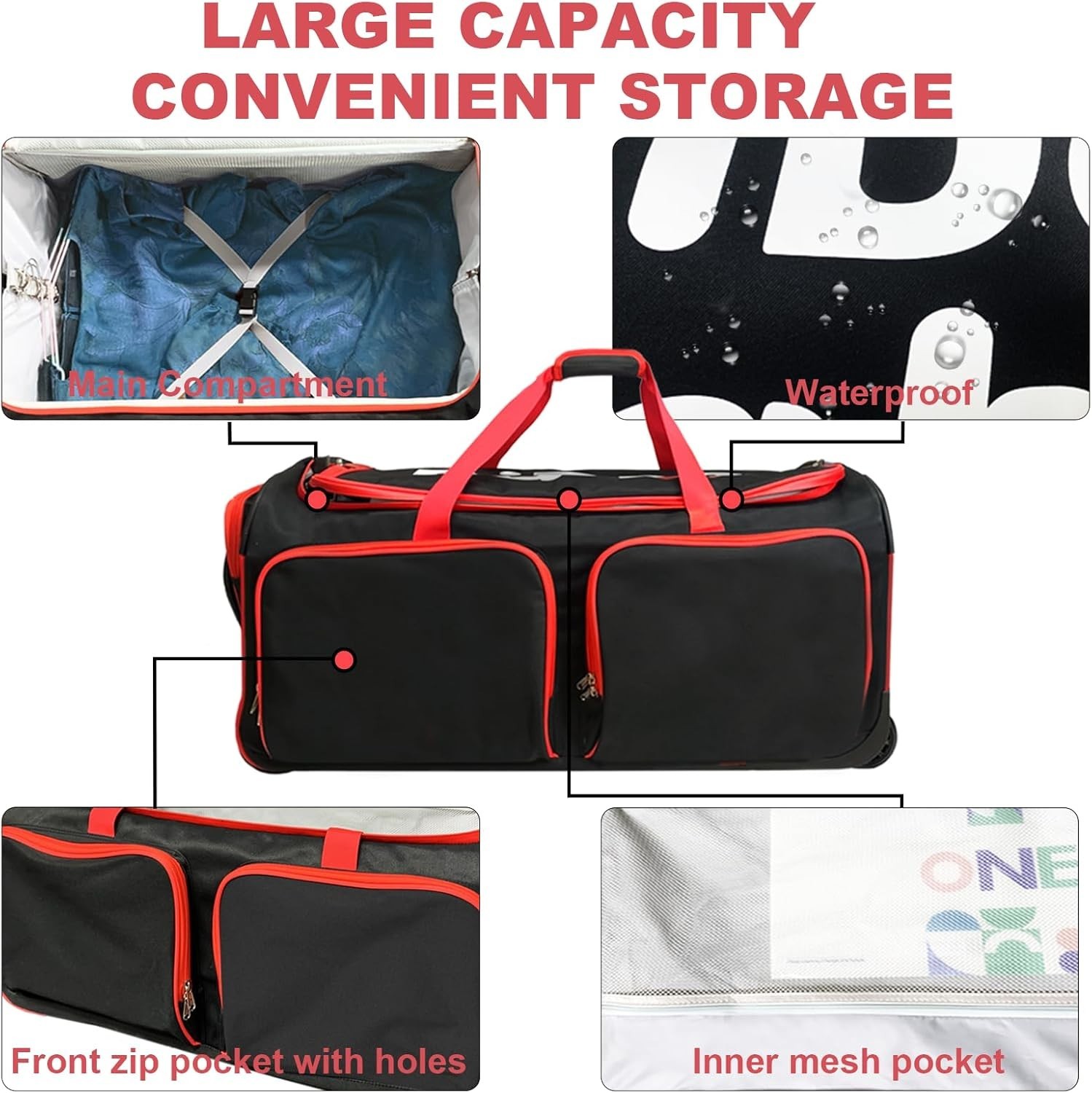 28 Inch Dance Bag with Garment Rack Rolling Duffel Wheels for Travel Black