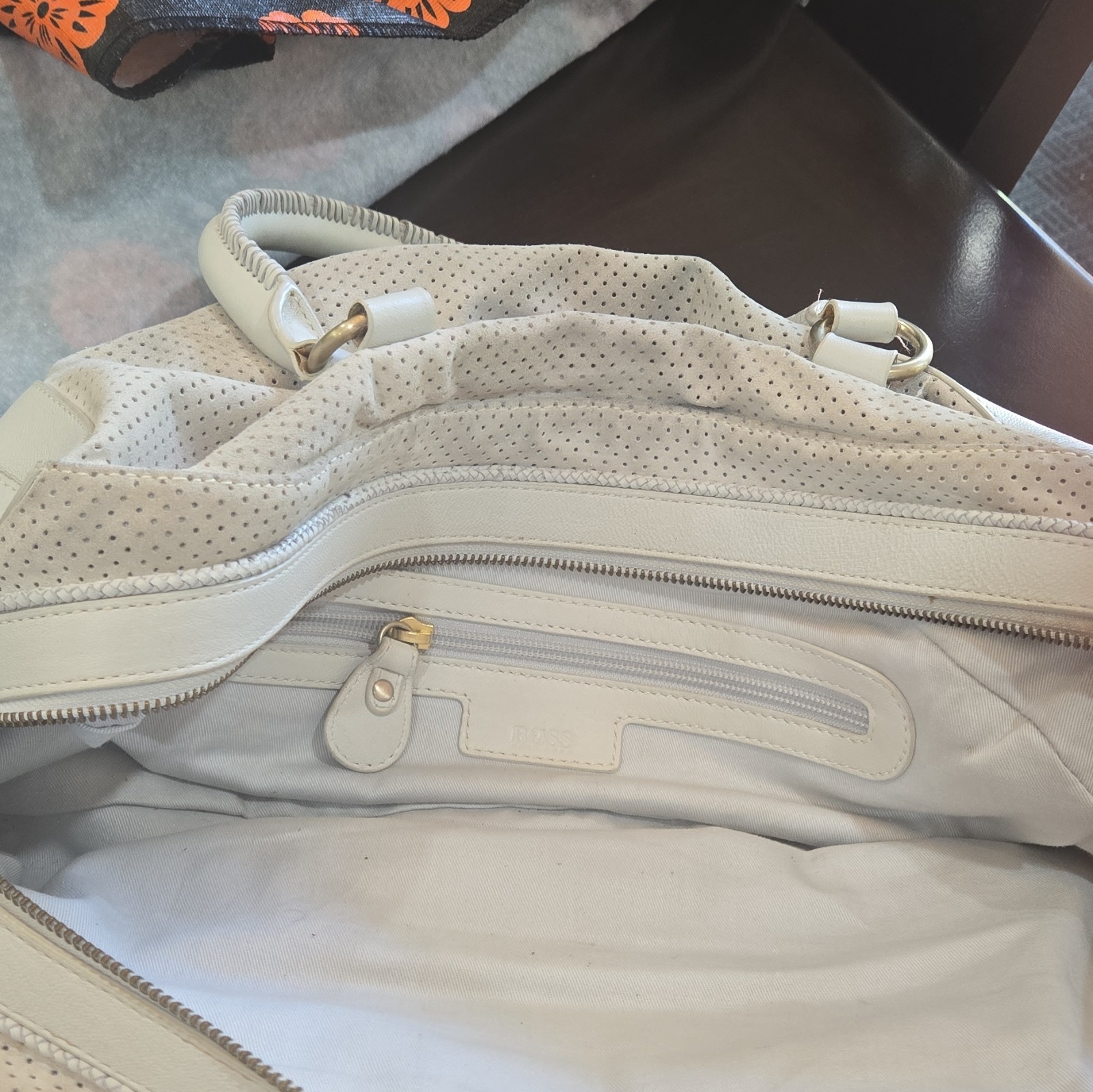 BOSS White Perforated Satchel Top Handle Gold Hardware Zip Push Lock Pockets