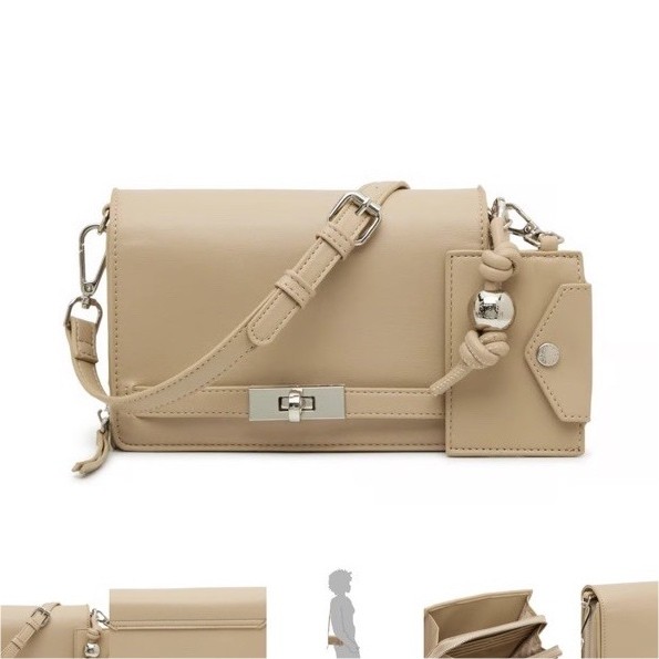 Steve Madden Beige Shoulder Bag with Turn Lock, Buckle Accent, Detachable Strap