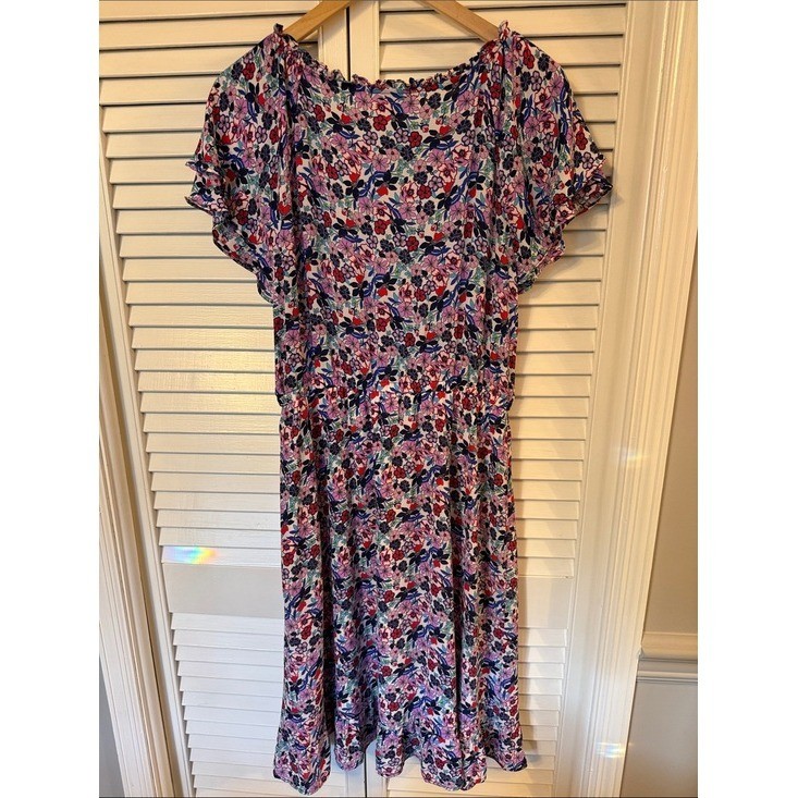 Talbots Floral Midi Dress Pink Purple Blue Size 10 Flutter Sleeve Classic Style