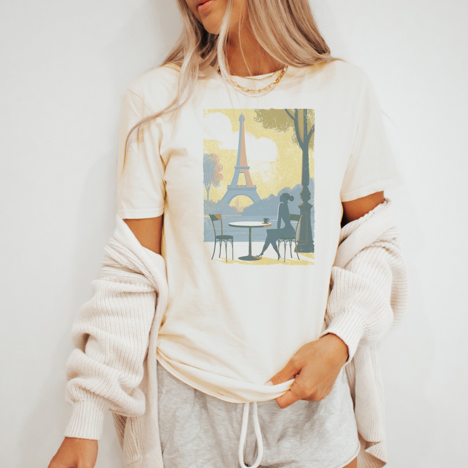 Parisian Café Retro Travel Poster Graphic Tee Natural Cotton