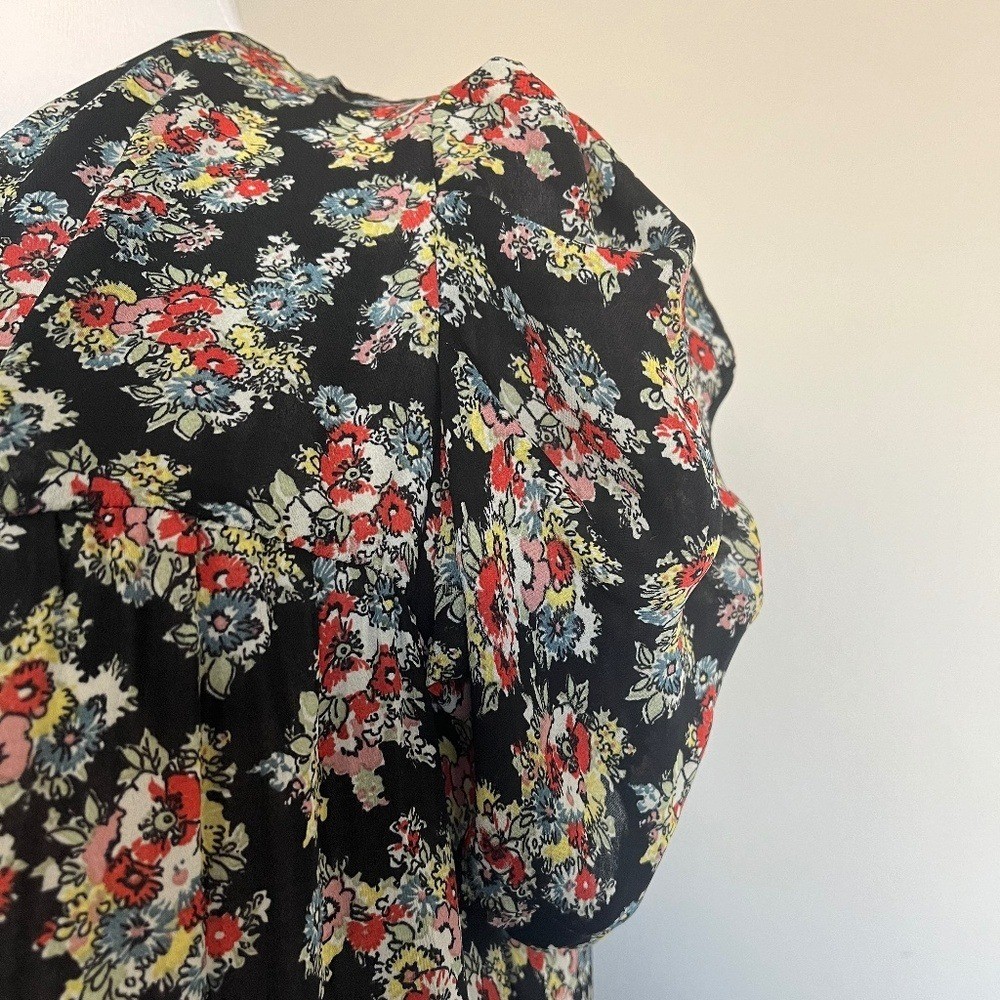 Sandro Floral Summer Ruched Puffed Sleeve V-neck A-line Cocktail Dress Medium