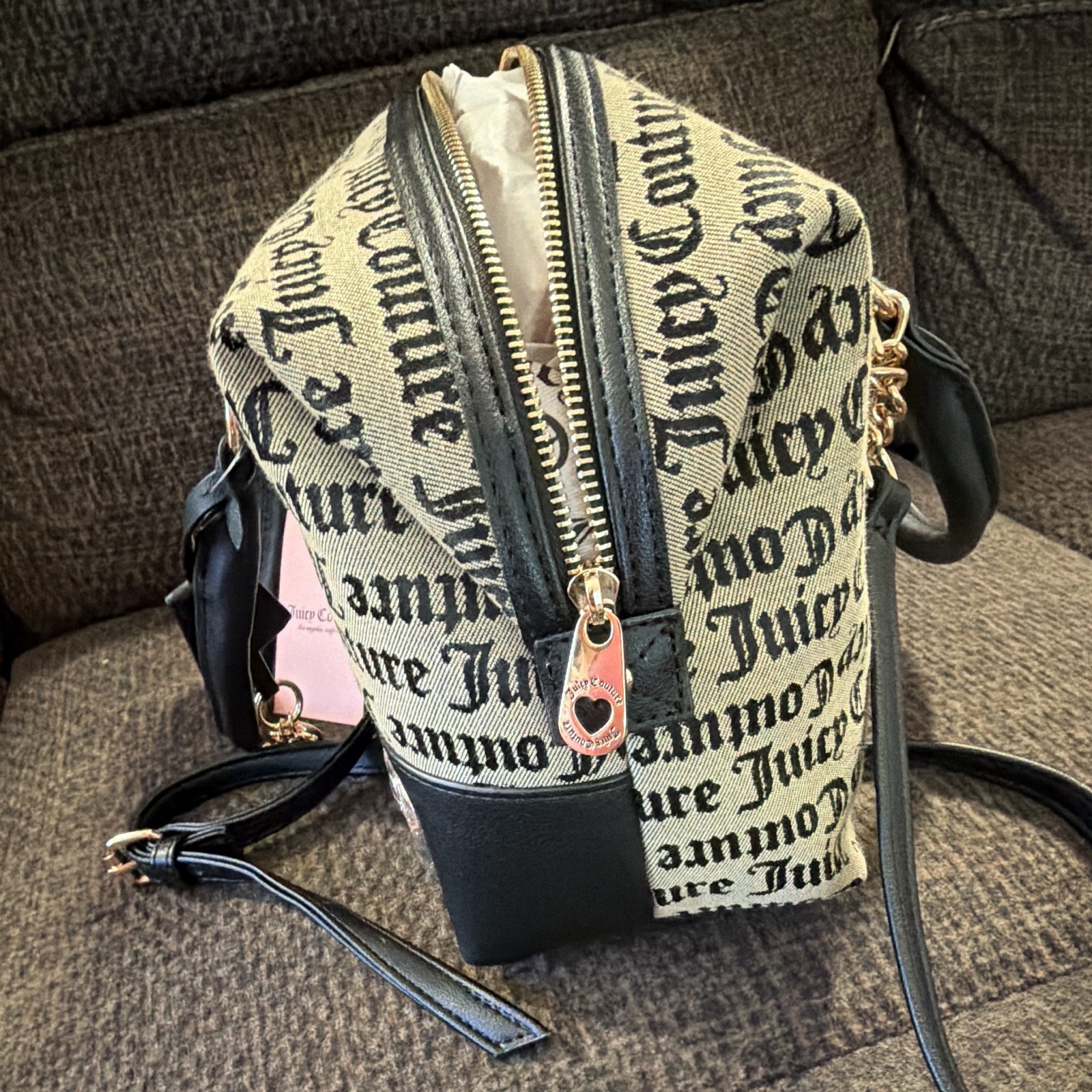Juicy Couture Beige/Black Logo Satchel Top Handle Zip Bag w/ Detachable Strap