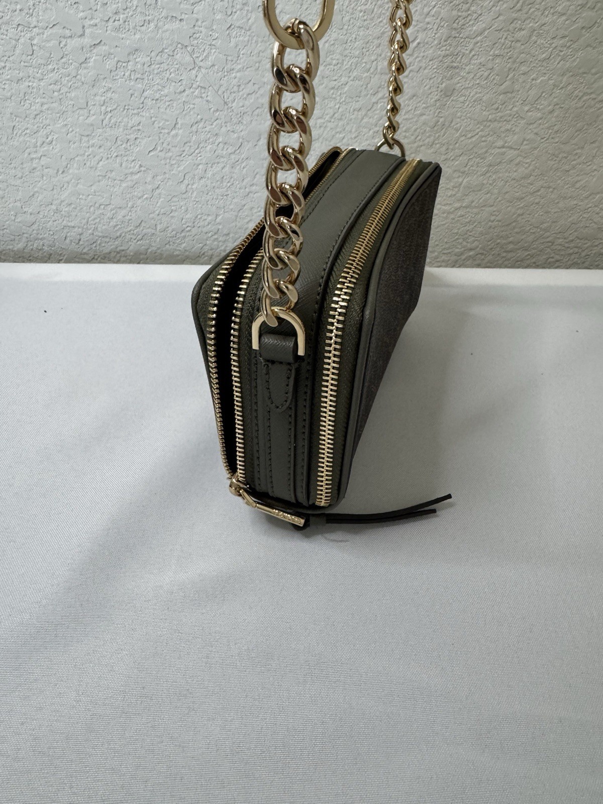 Calvin Klein Marybelle Signature Double Zip Organizational Crossbody bag Khaki