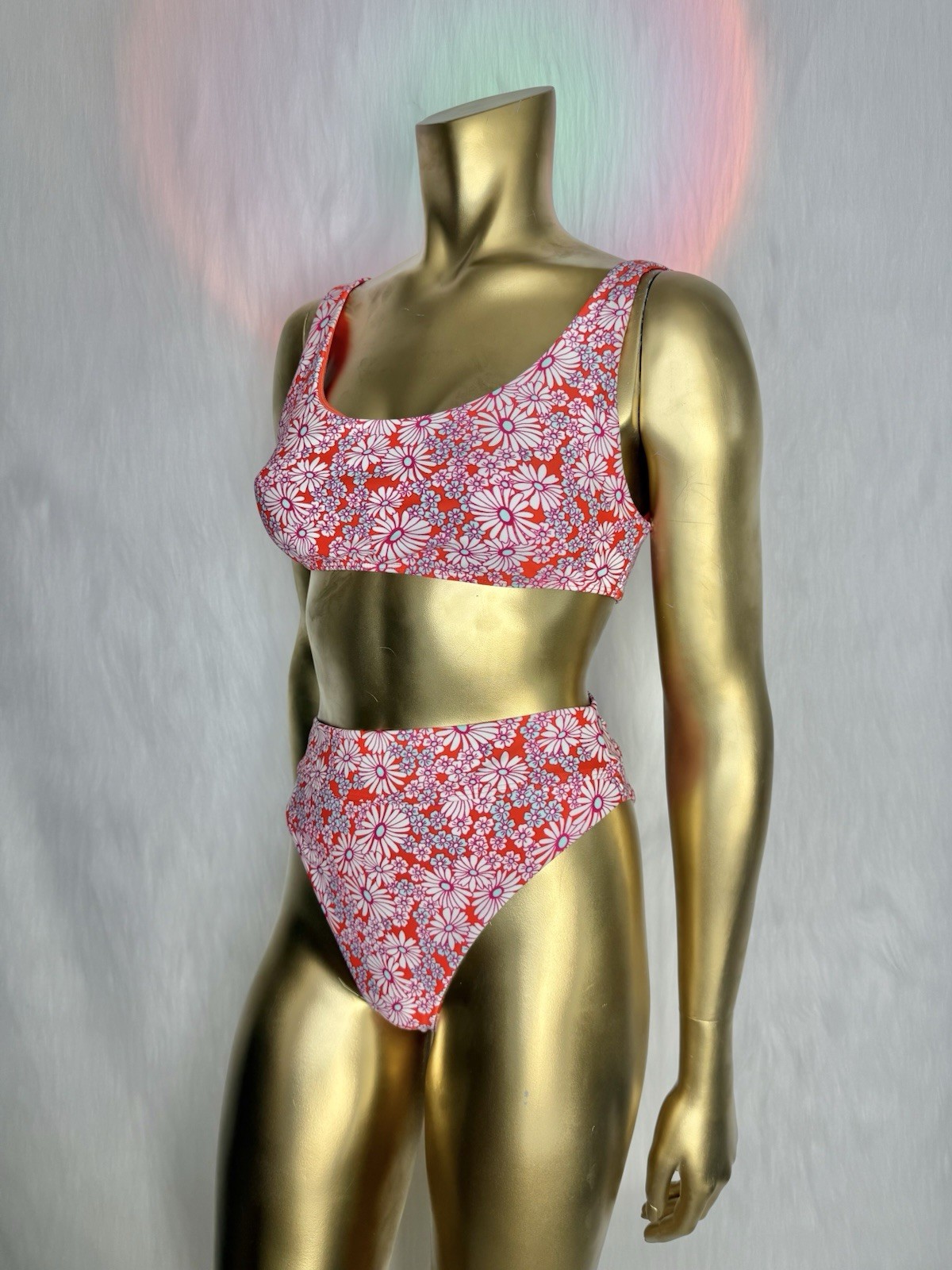 Floral Orange, Pink, Turquoise and White High-Waisted Bikini Set size Small