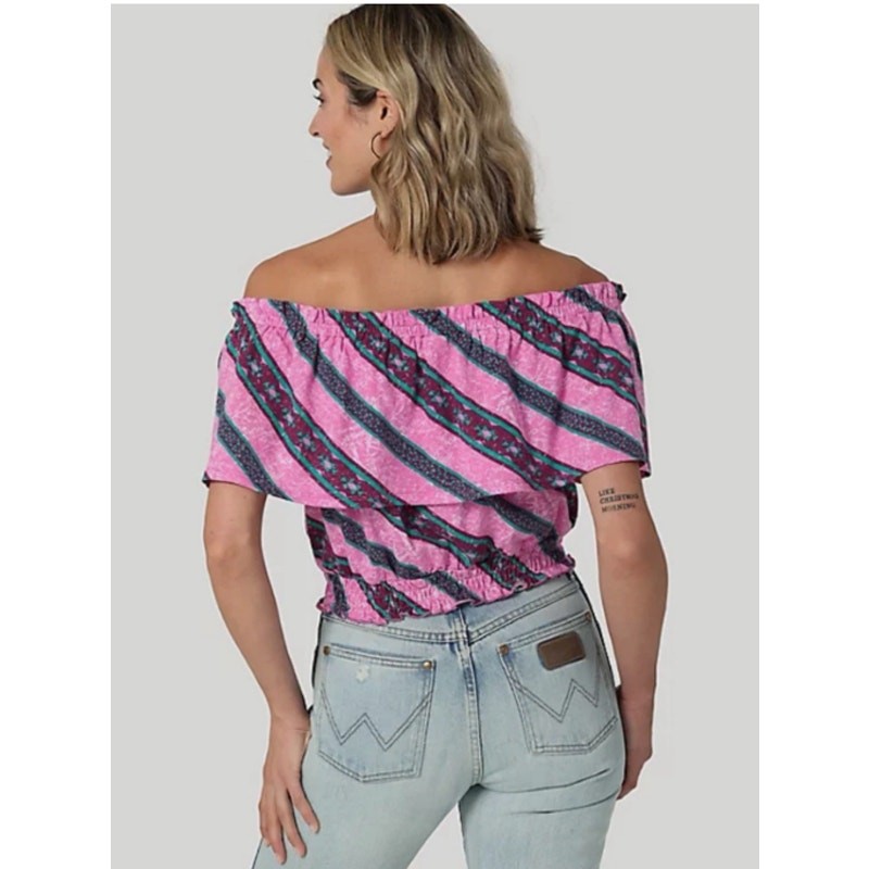 Wrangler L Retro Off the Shoulder Short Sleeve Ruffle Crop Elastic Waist Blouse
