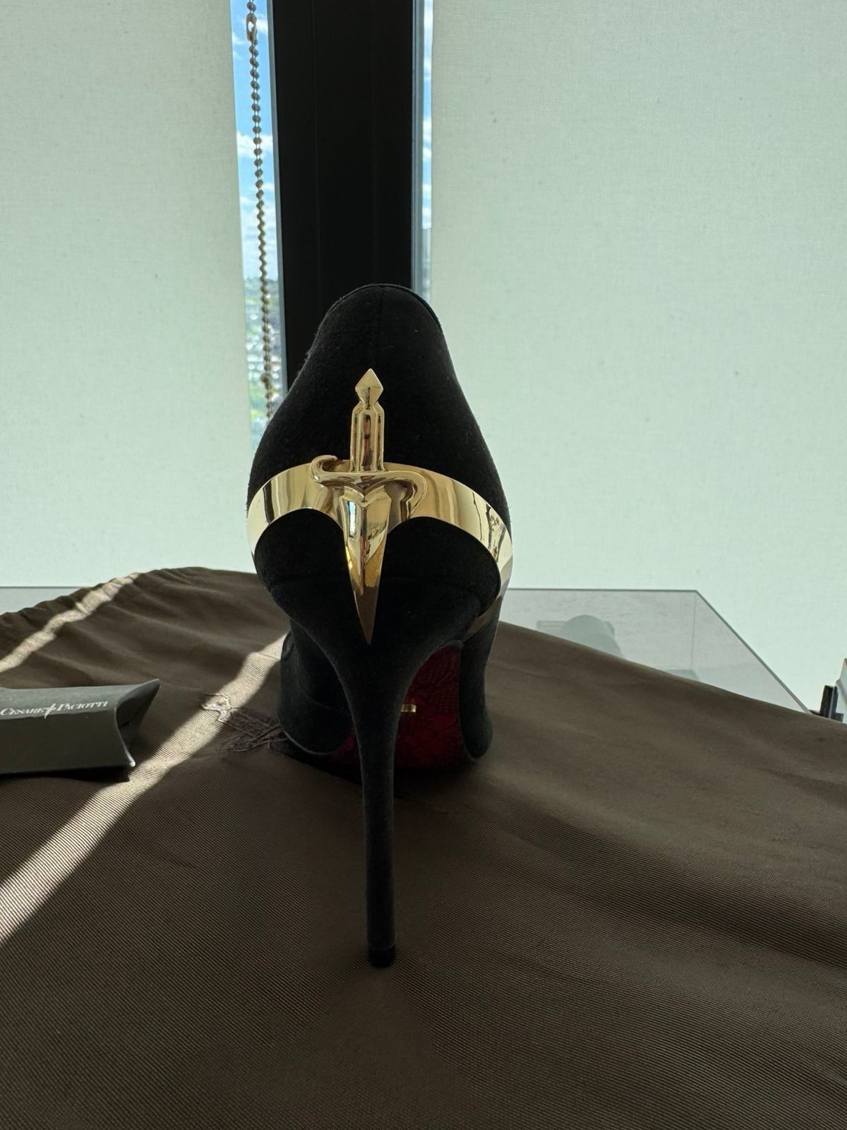 Cesare Paciotti Black Suede Pumps Gold Hardware Pointed Toe Stiletto Heel