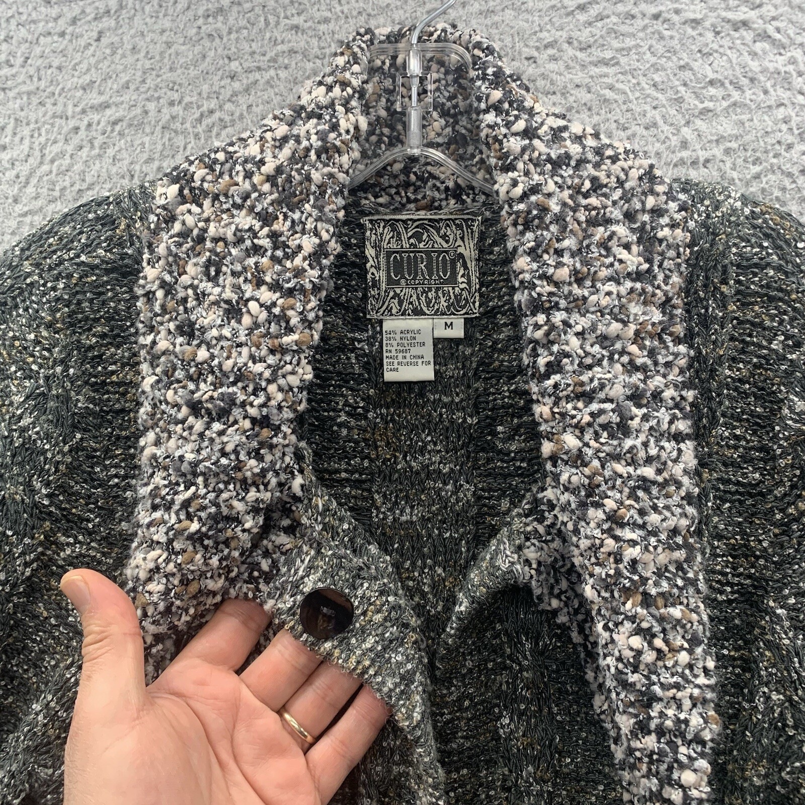 Curio Vintage Textured Knit Acrylic Blend Cardigan Sweater Gray Womens Size M