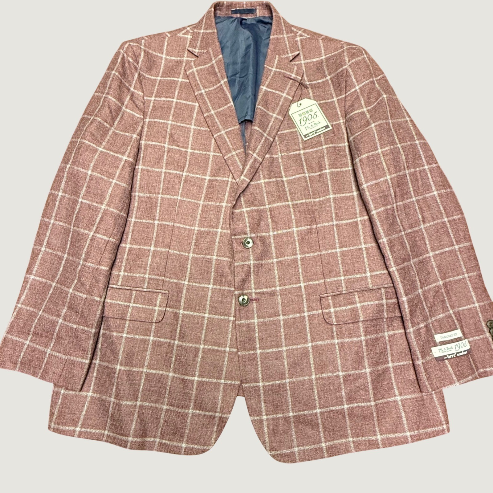 New Jos A Bank 1905 Sport Coat Mens 48R Dusty Rose Windowpane Linen Wool Blazer