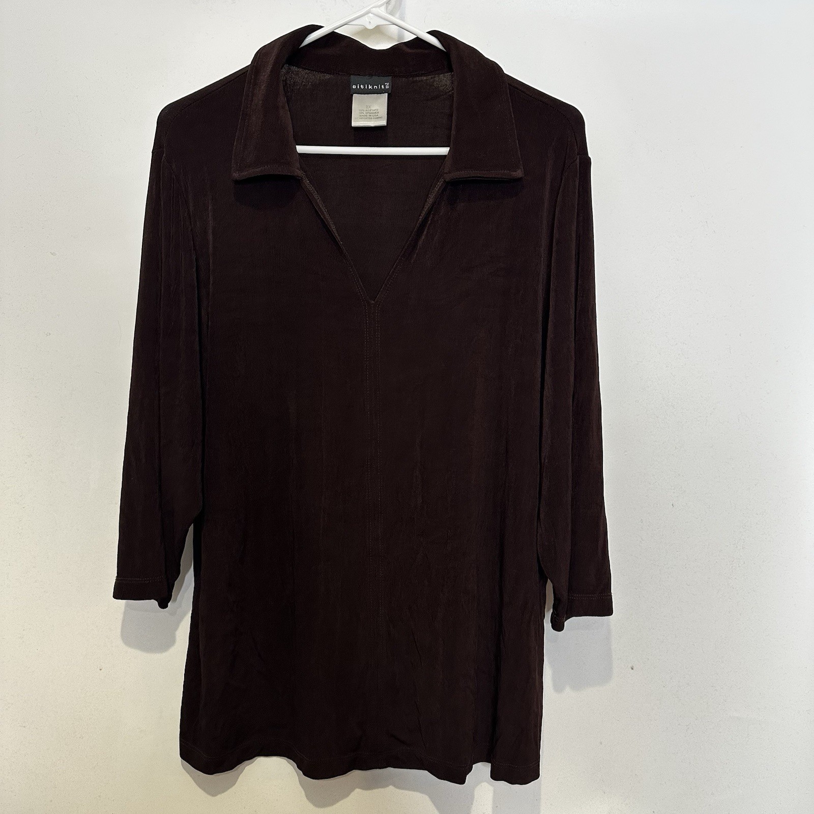 Citiknits Brown V Neck Stretch Slinky Knit 3/4 Sleeve Blouse 1X Tunic Top
